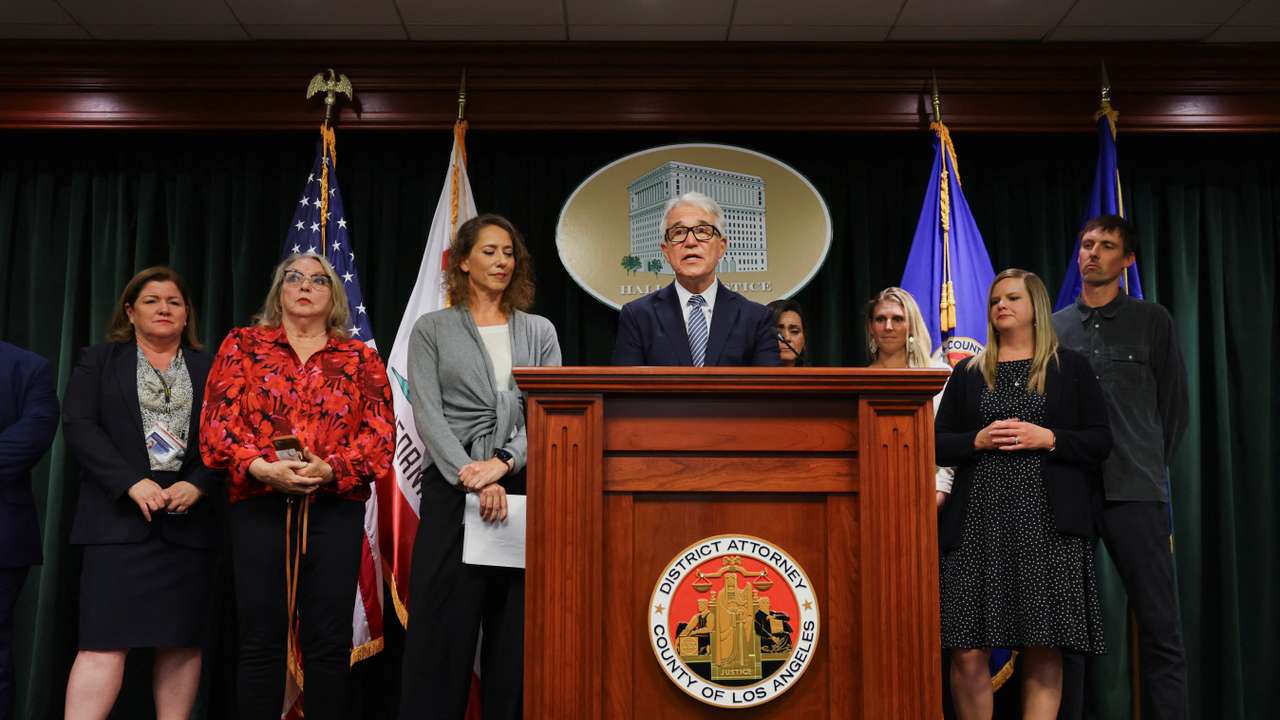 Los Angeles County District Attorney Gascon speaks during a news conference to announce a decision in the case of brothers Menendez, in Los Angeles