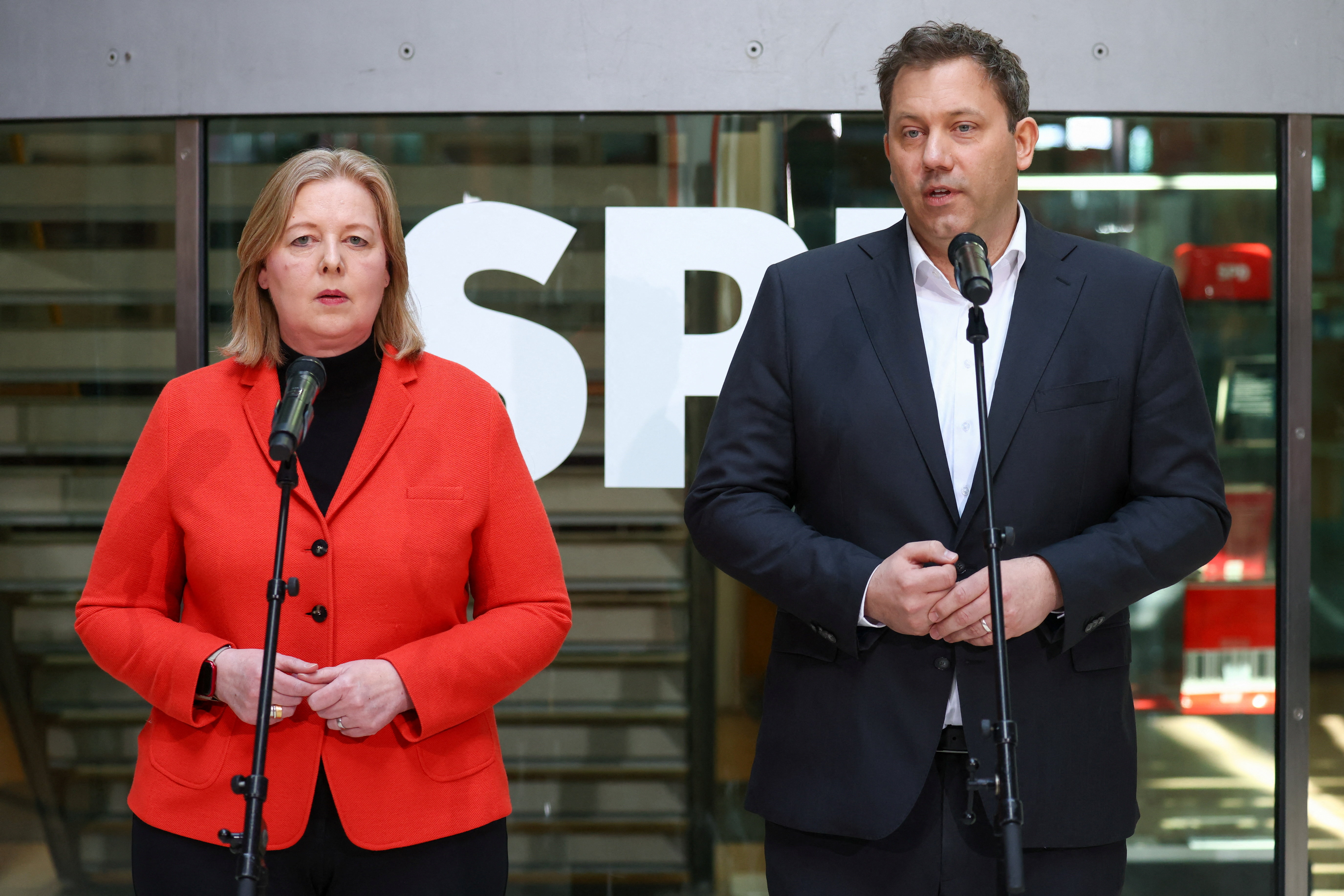 Germany's SPD party co-leaders Bas and Klingbeil hold press conference following Rhineland-Palatinate state election, in Berlin