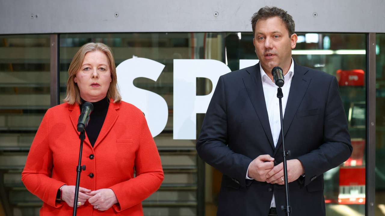 Germany's SPD party co-leaders Bas and Klingbeil hold press conference following Rhineland-Palatinate state election, in Berlin