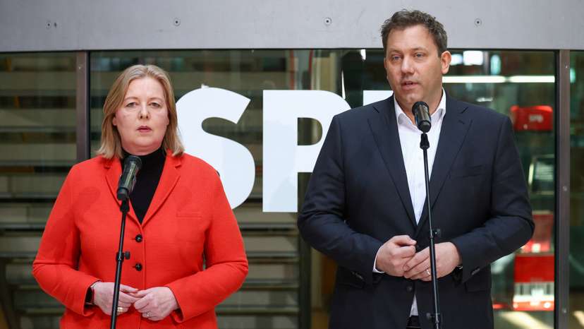 Germany's SPD party co-leaders Bas and Klingbeil hold press conference following Rhineland-Palatinate state election, in Berlin
