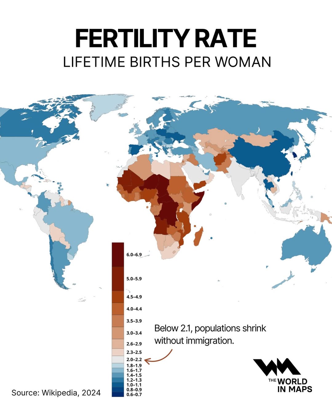 Map shows the global fertility rate, measured as the average number of children a woman is expec