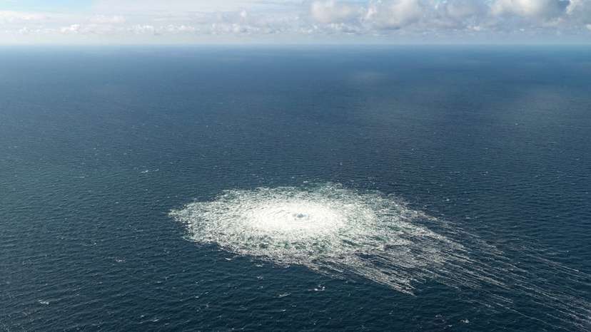 FILE PHOTO: Gas leak at Nord Stream 2 as seen from the Danish F-16 interceptor on Bornholm