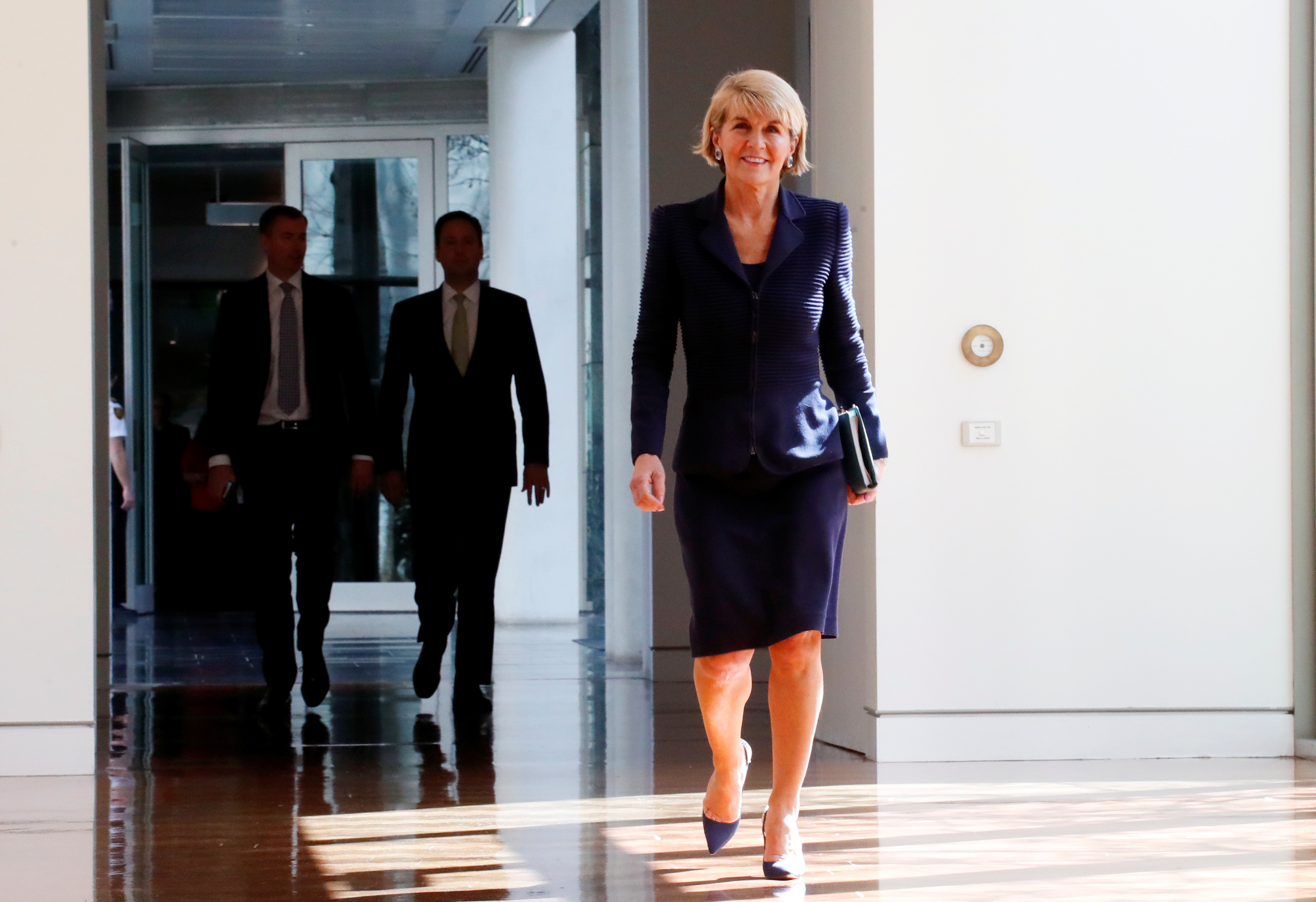 Australian Minister for Foreign Affairs Julie Bishop arrives for a party meeting in Canberra