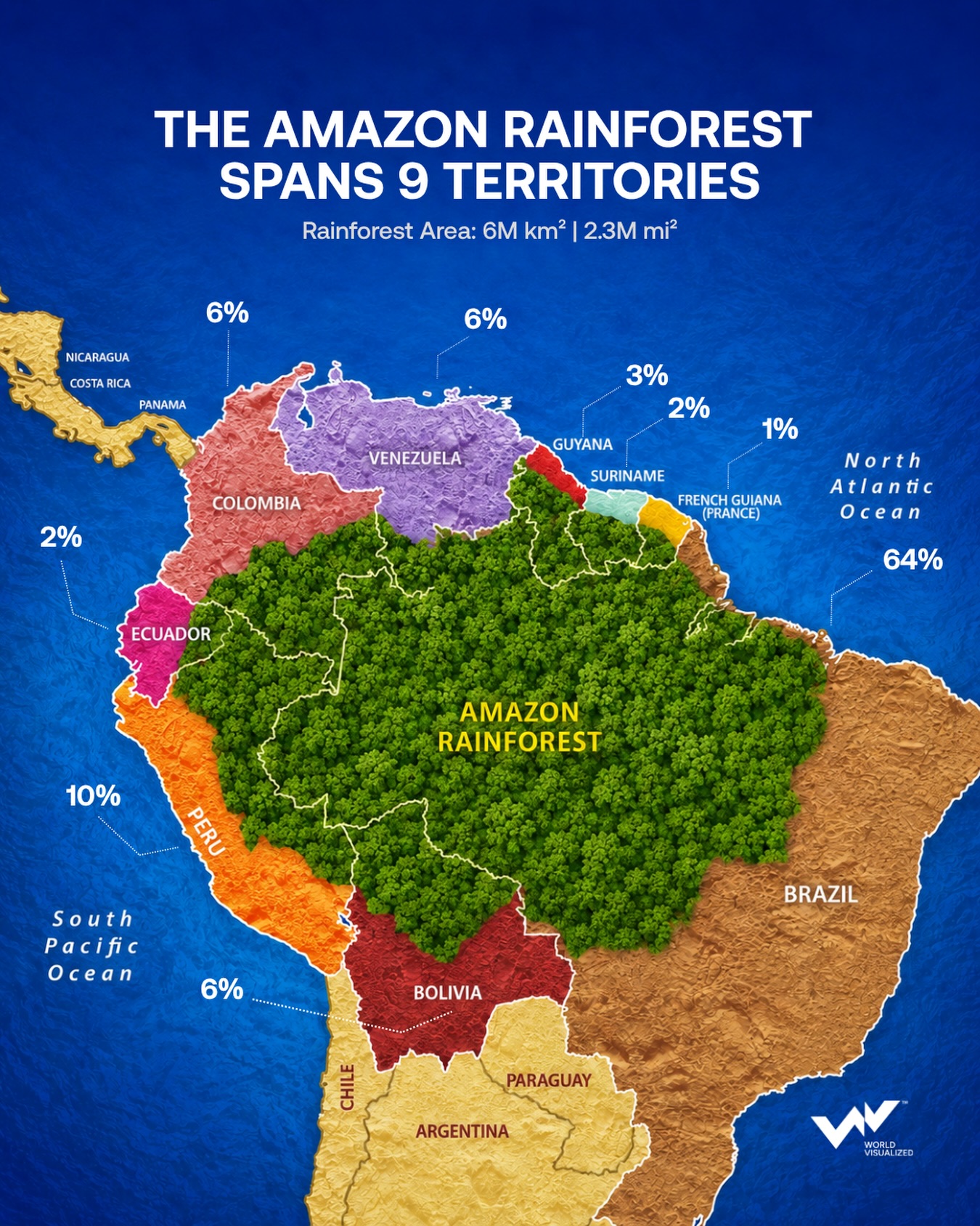 Amazon rainforest spans nine territories, with most of it in Brazil