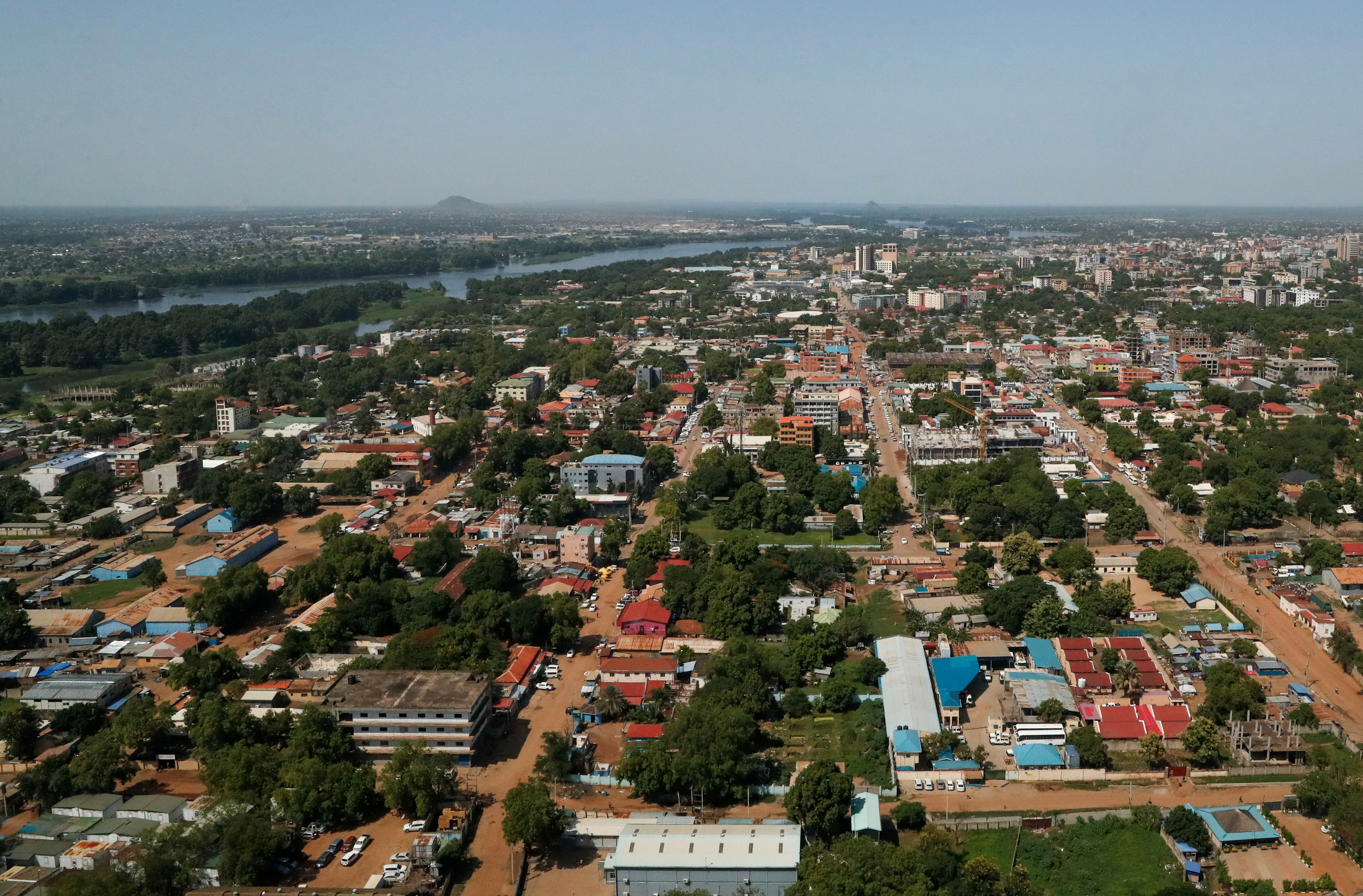An aerial view from the plane shows the skyline of Juba