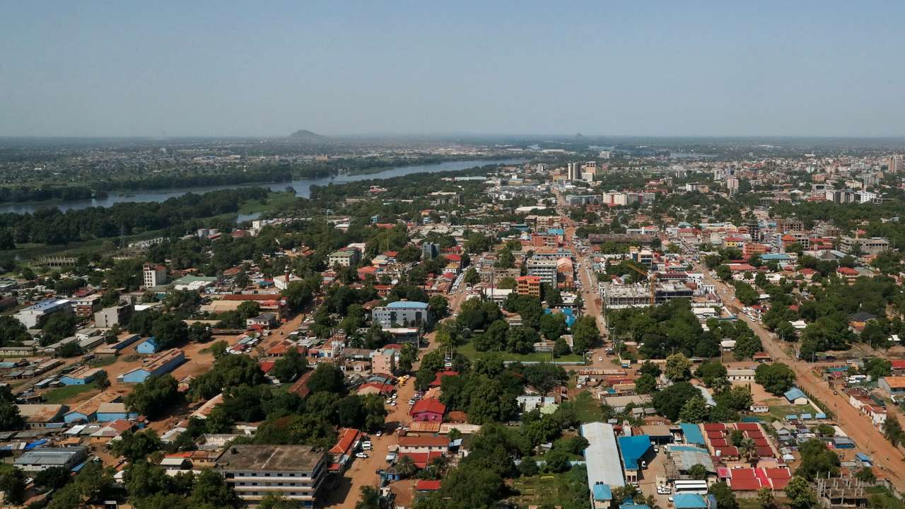 An aerial view from the plane shows the skyline of Juba