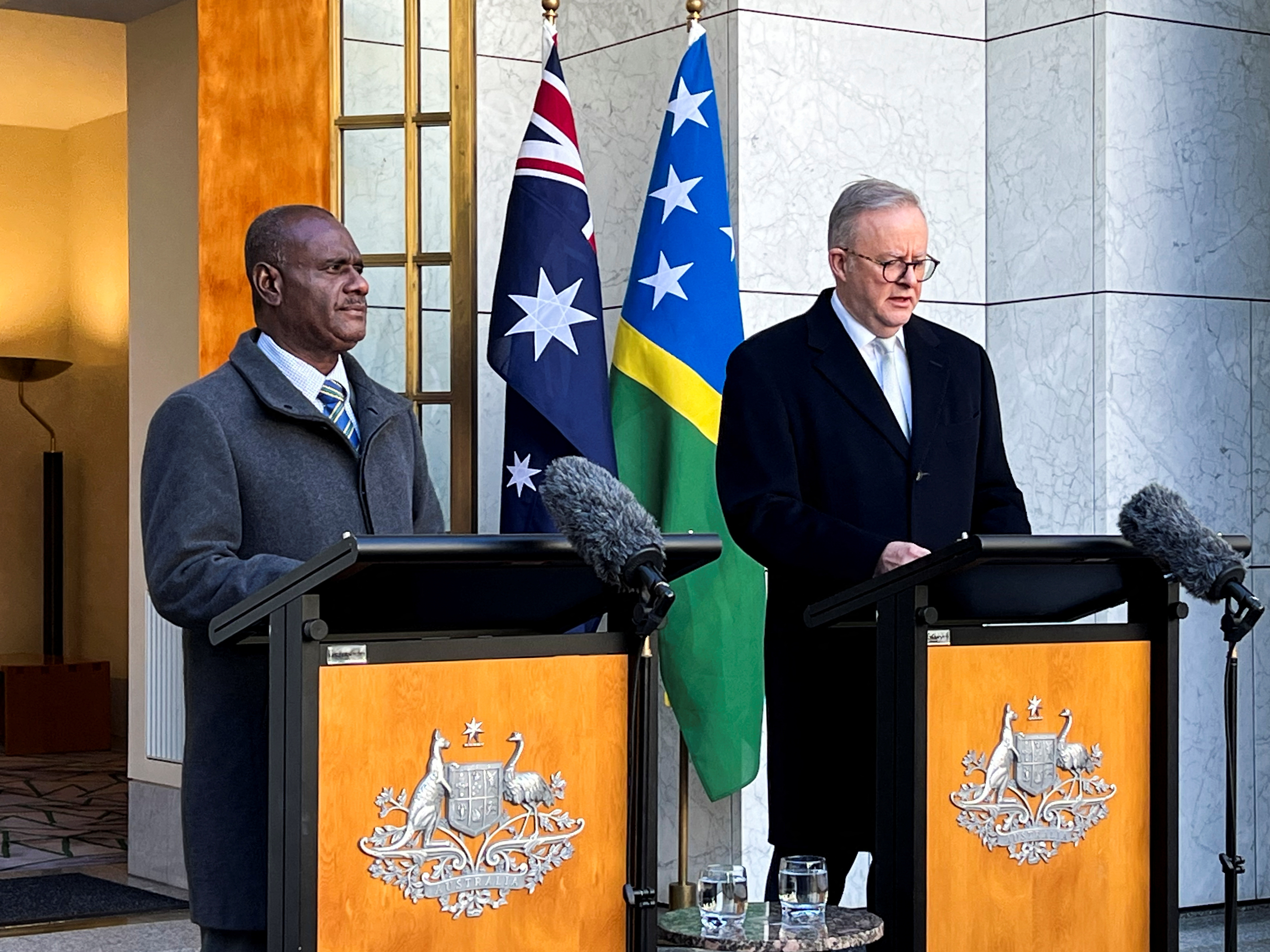 Solomon Islands Prime Minister Jeremiah Manele meets Australia's Prime Minister Anthony Albanese in Canberra