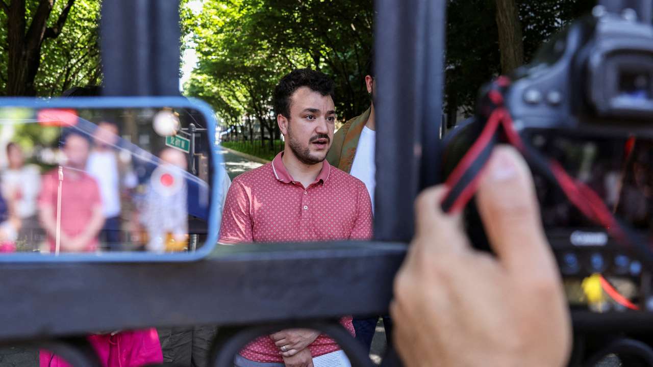 FILE PHOTO: Mahmoud Khalil speaks to members of media about the Revolt for Rafah encampment at Columbia University during the ongoing conflict between Israel and the Palestinian Islamist group Hamas, in New York City