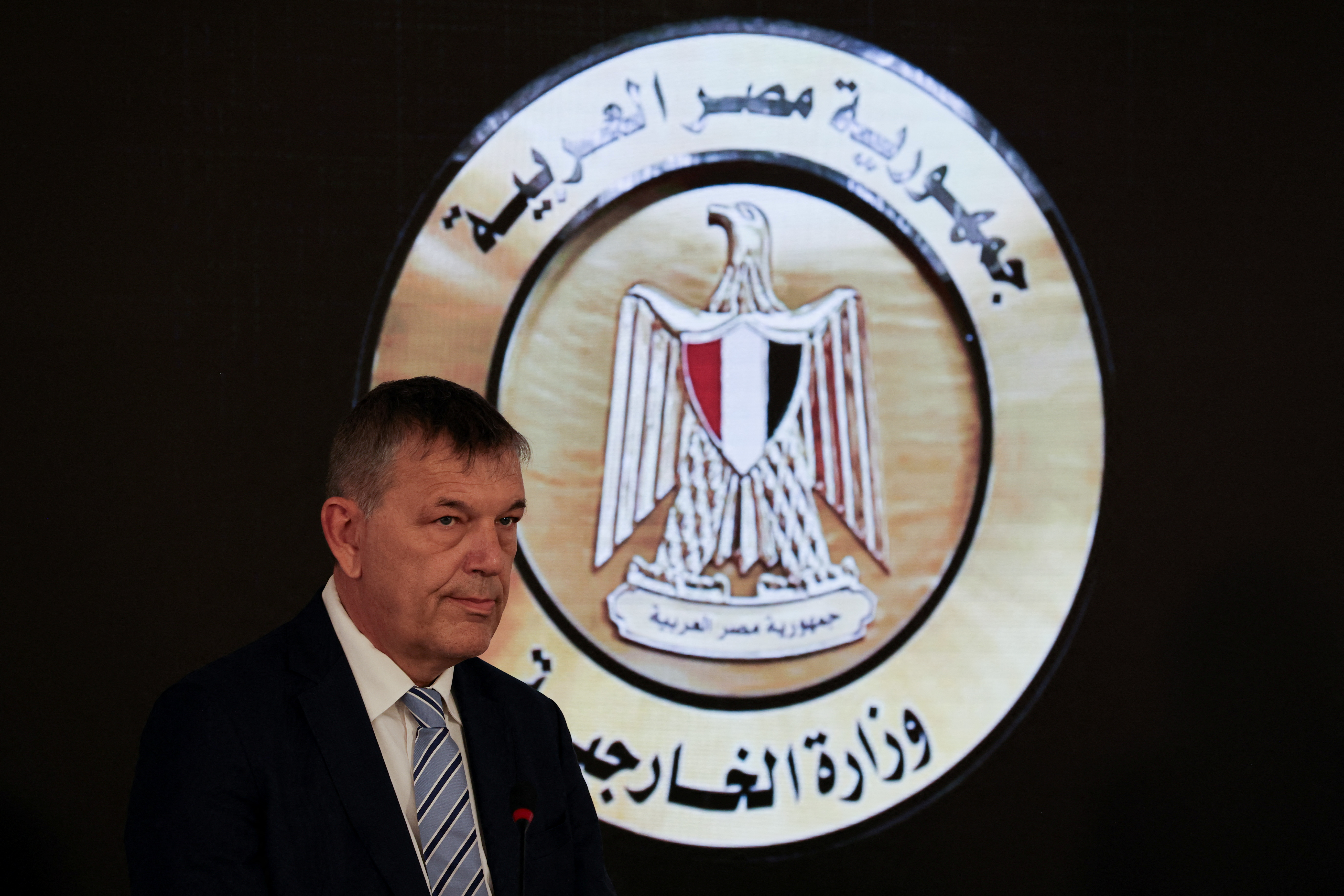 FILE PHOTO: UNRWA Commissioner-General Philippe Lazzarini meets with Egyptian Foreign Minister Sameh Shoukry, in Cairo