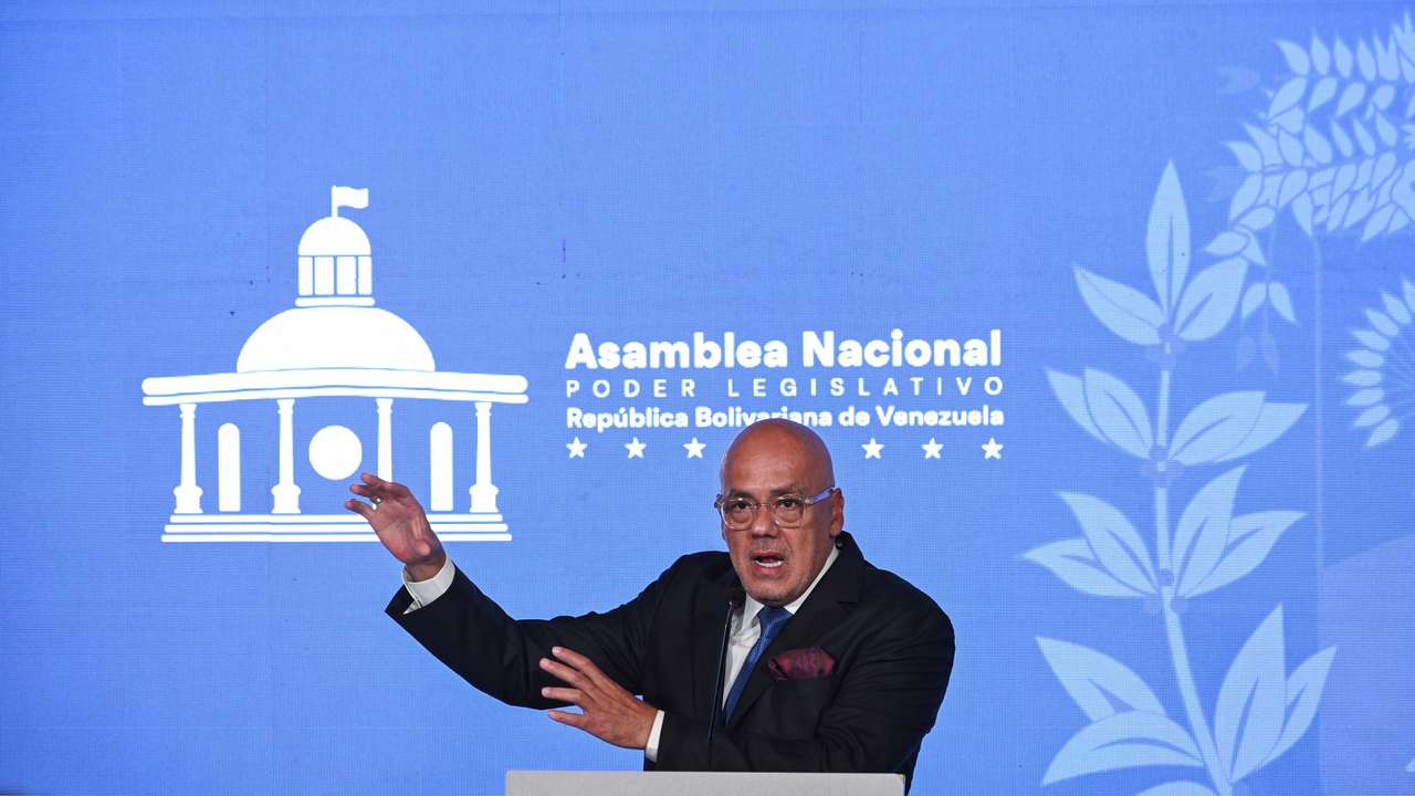 Venezuela's National Assembly President Jorge Rodriguez addresses the media in Caracas