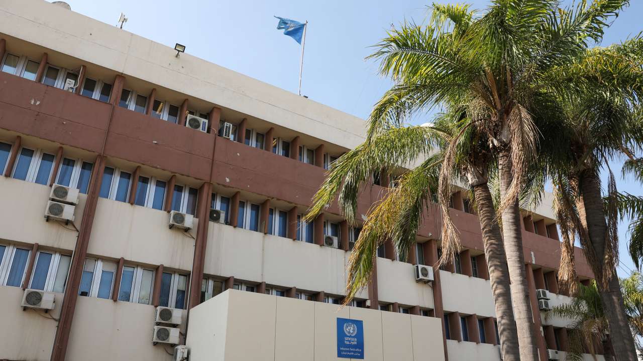 A view shows the exterior of UNRWA building in Beirut