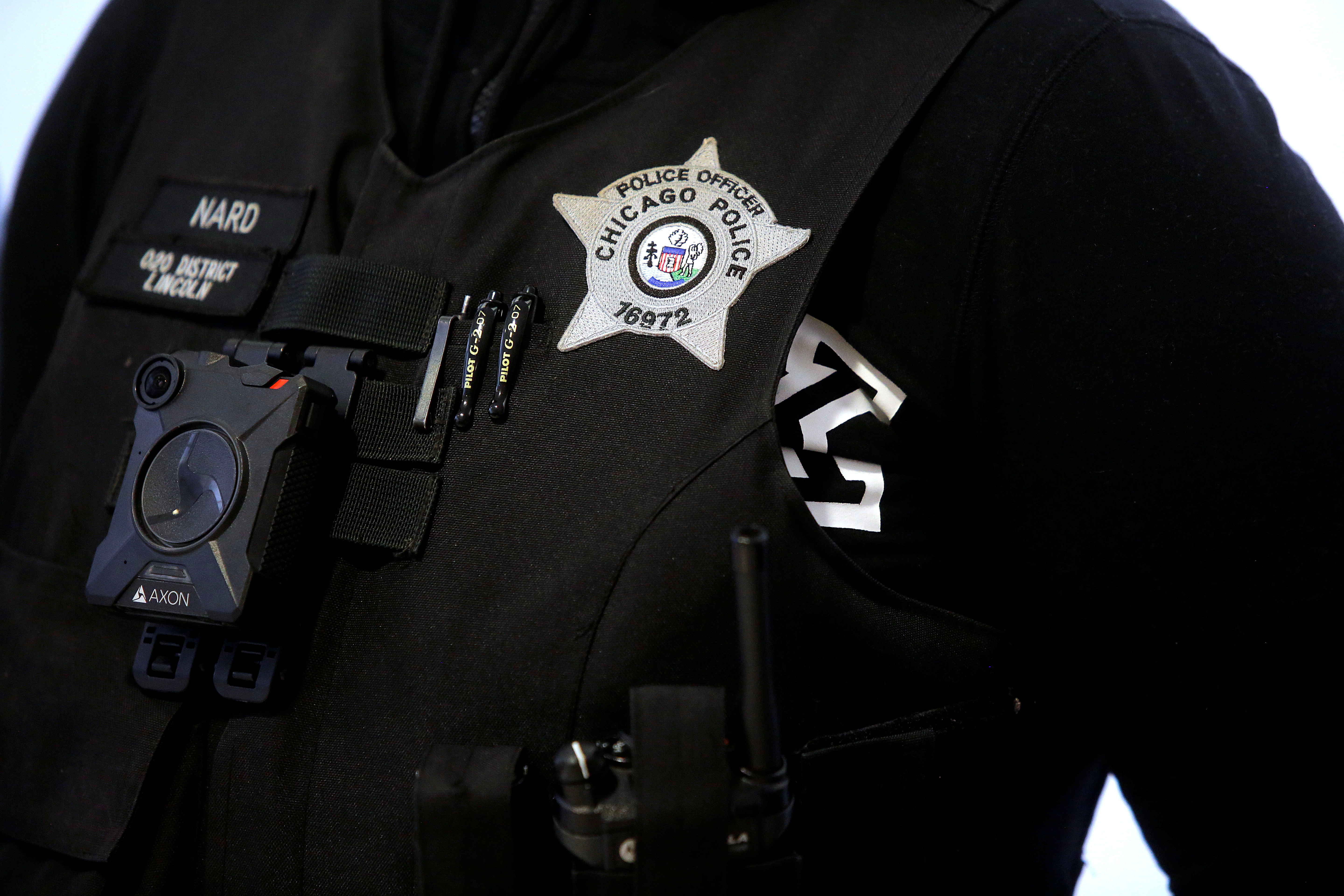 A Chicago Police officer wears body camera in Chicago