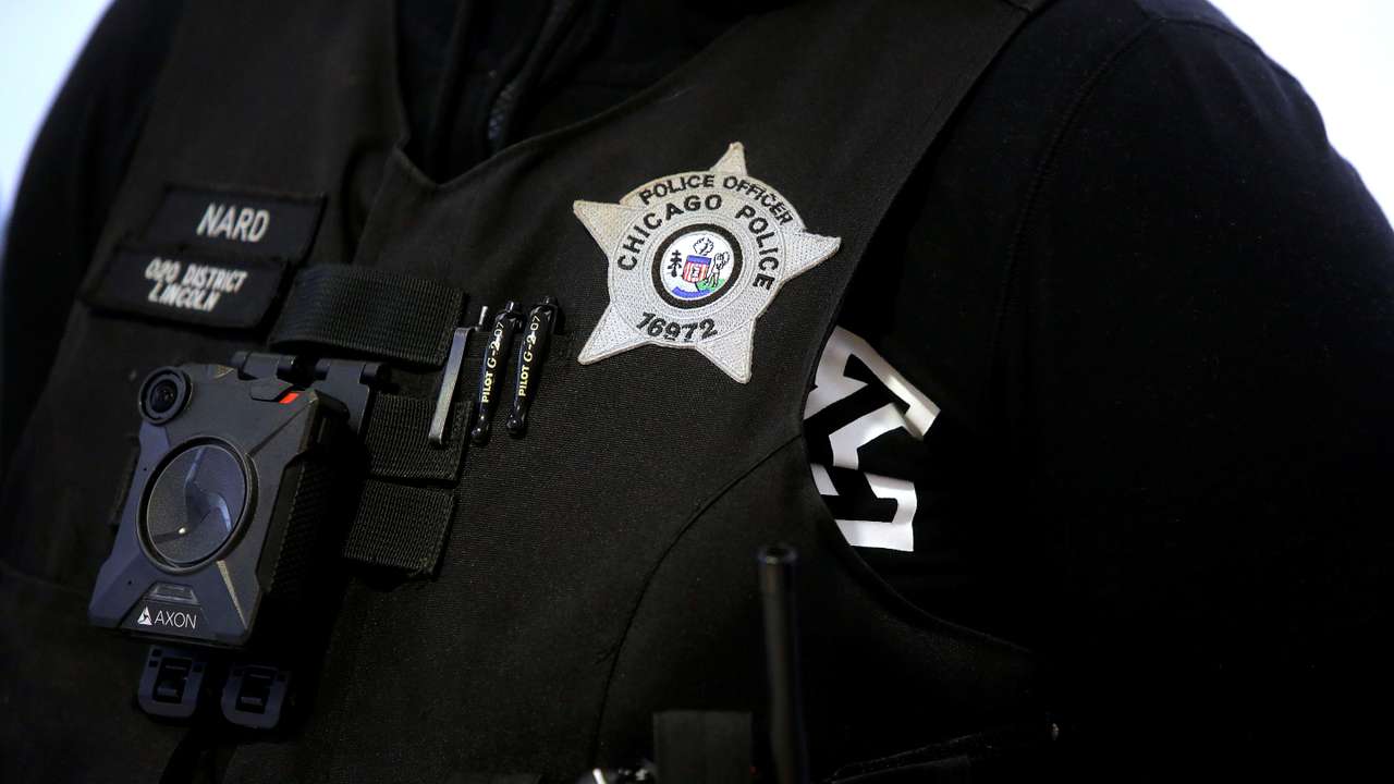 A Chicago Police officer wears body camera in Chicago