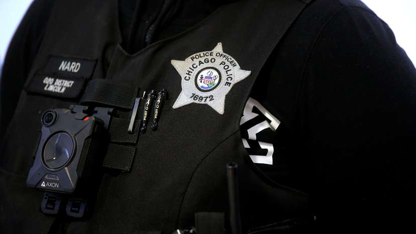 A Chicago Police officer wears body camera in Chicago