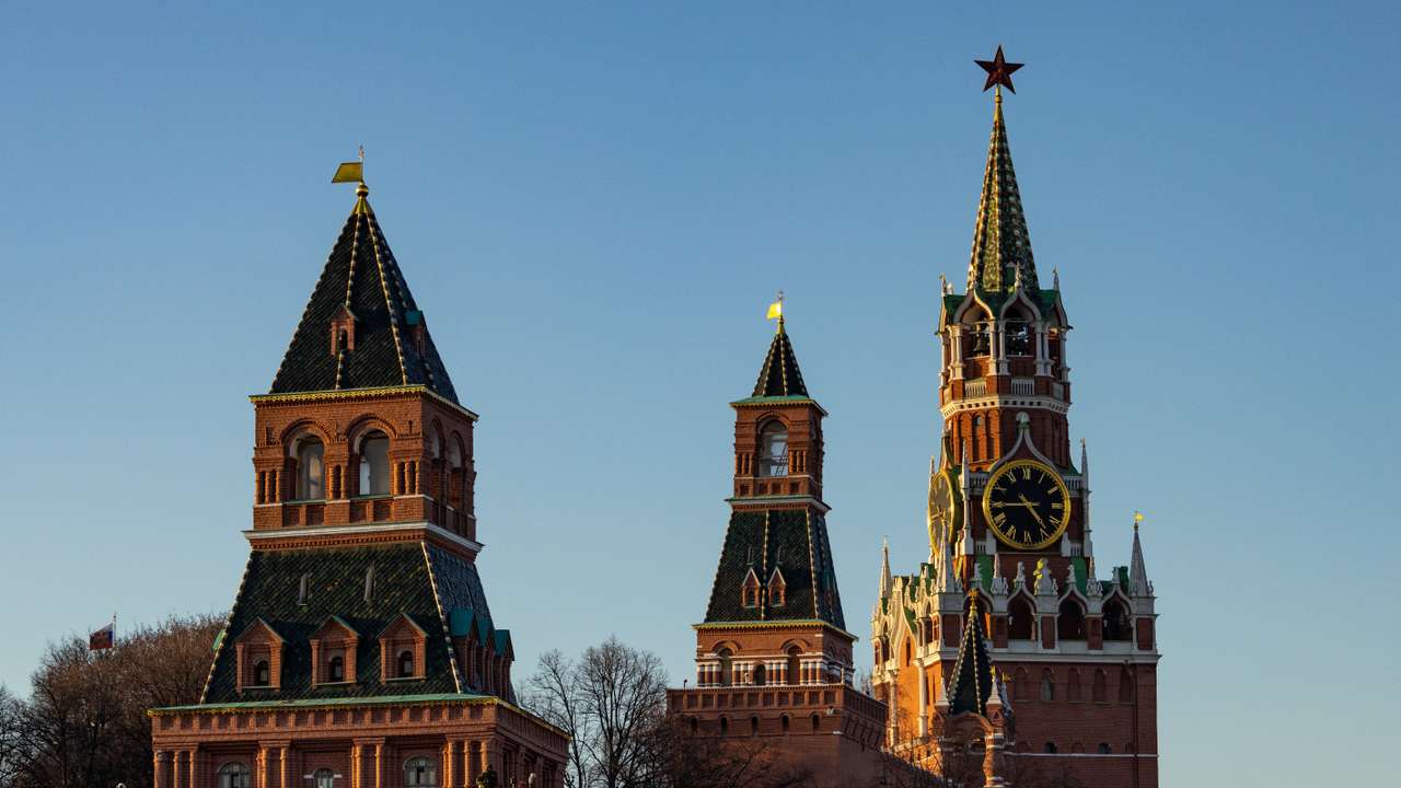 Towers of the Kremlin during sunset in Moscow