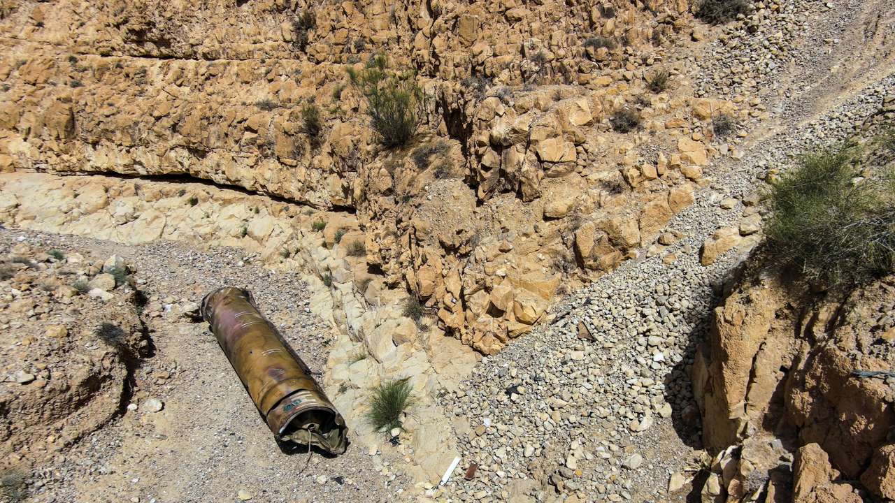 A drone view of the apparent remains of a ballistic missile, as it lies in the desert following a massive missile and drone attack by Iran on Israel, near the southern city of Arad