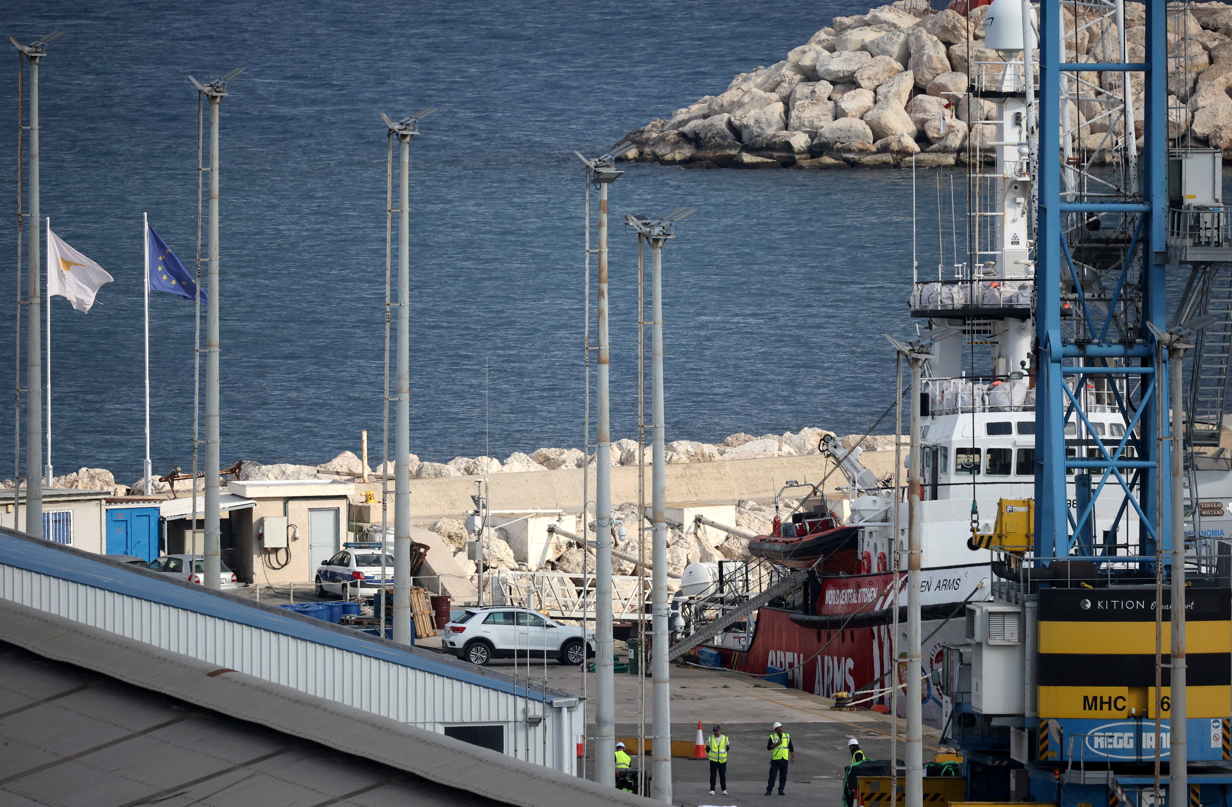 Spanish NGO Open Arms rescue vessel at the port of Larnaca