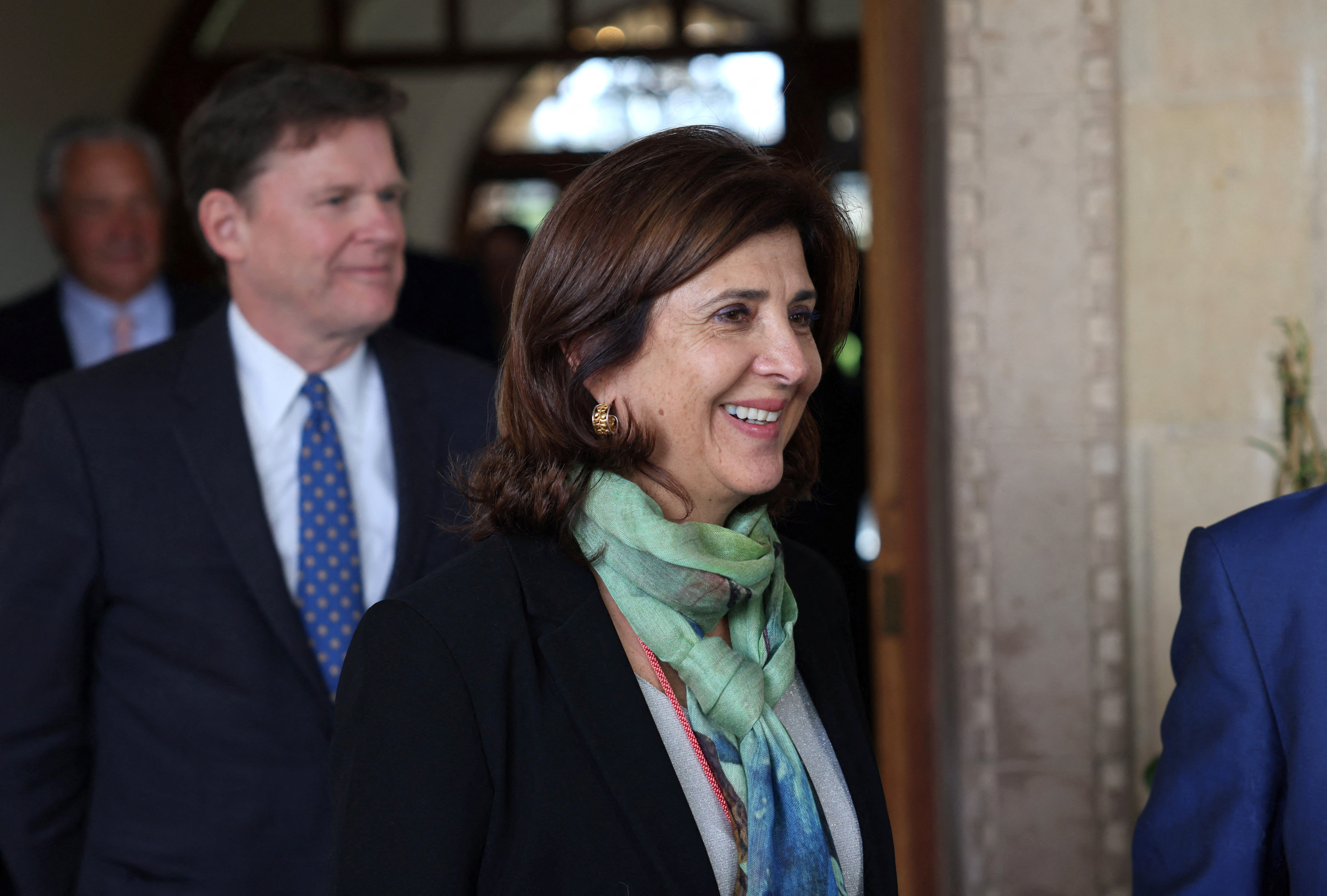 UN envoy on Cyprus Maria Angela Holguin Cuellar smiles to the press after a meeting with Cypriot President Nicos Christodoulides at the Presidential Palace in Nicosia