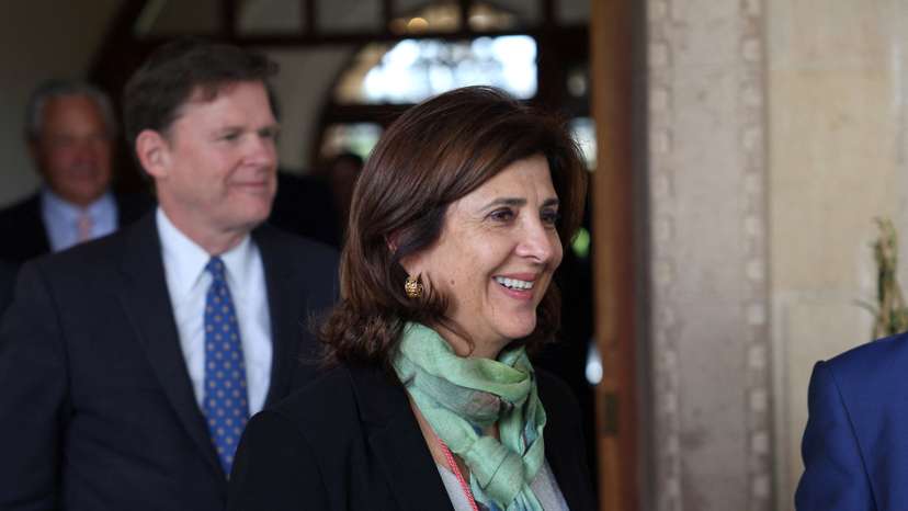 UN envoy on Cyprus Maria Angela Holguin Cuellar smiles to the press after a meeting with Cypriot President Nicos Christodoulides at the Presidential Palace in Nicosia