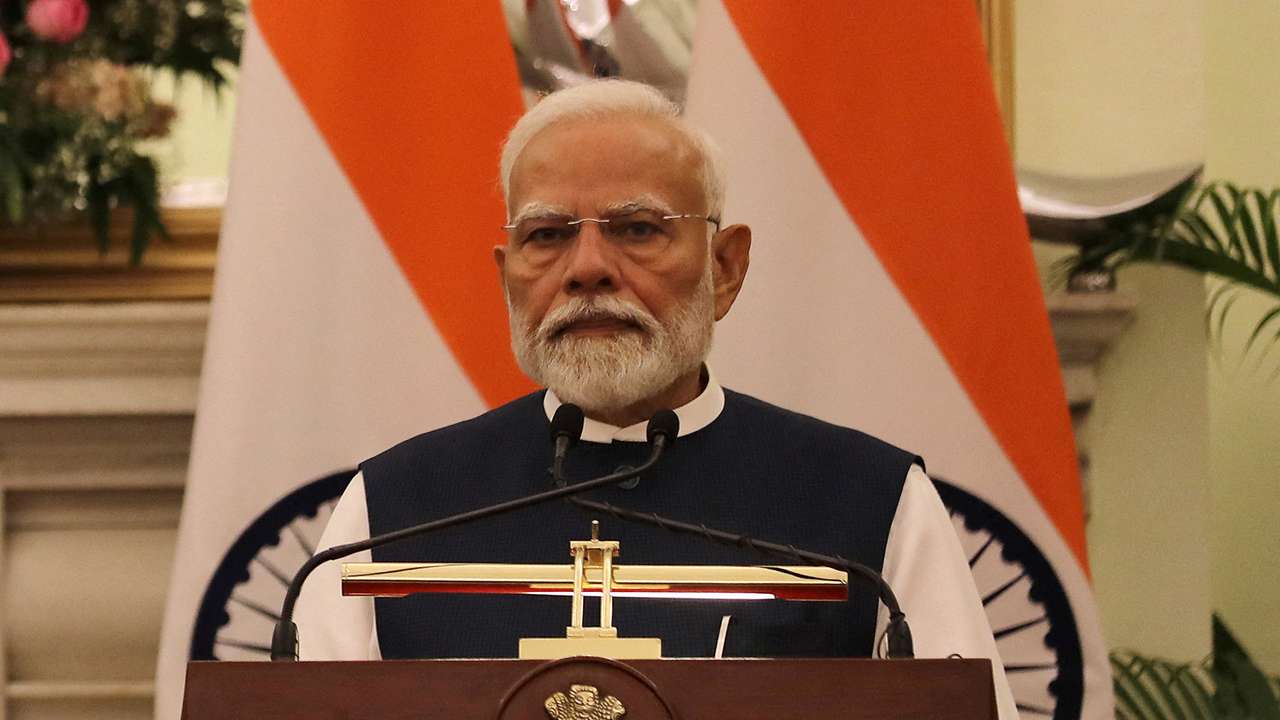 FILE PHOTO: India's Prime Minister Narendra Modi speaks during a joint press statement with European Commission President Ursula von der Leyen in New Delhi