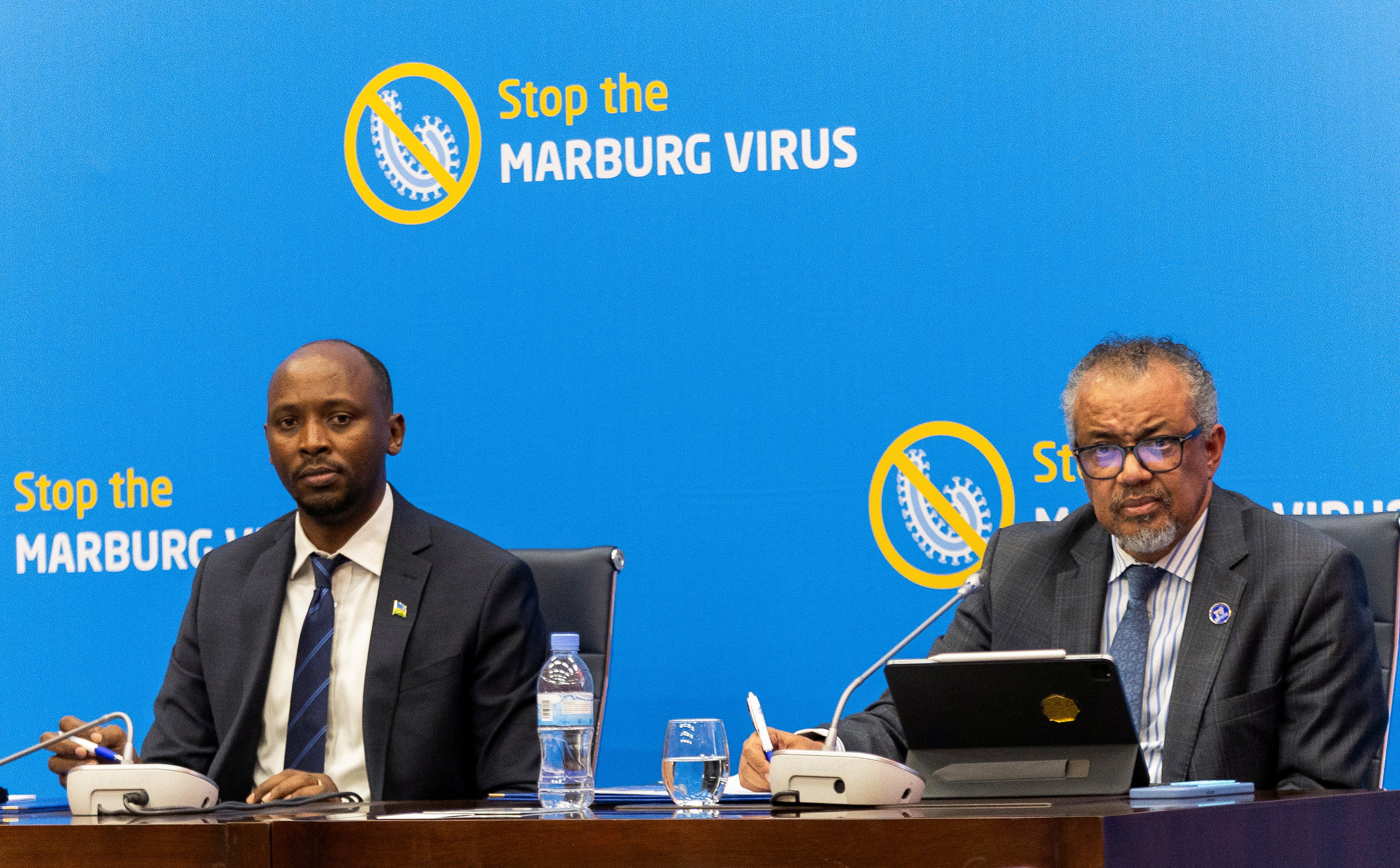 WHO Director-General Tedros Adhanom Ghebreyesus address a press conference on the Marburg virus outbreak, in Kigali