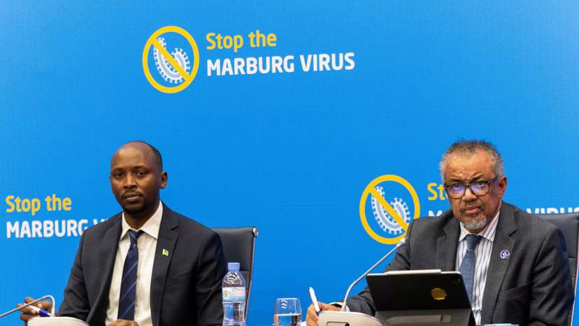 WHO Director-General Tedros Adhanom Ghebreyesus address a press conference on the Marburg virus outbreak, in Kigali
