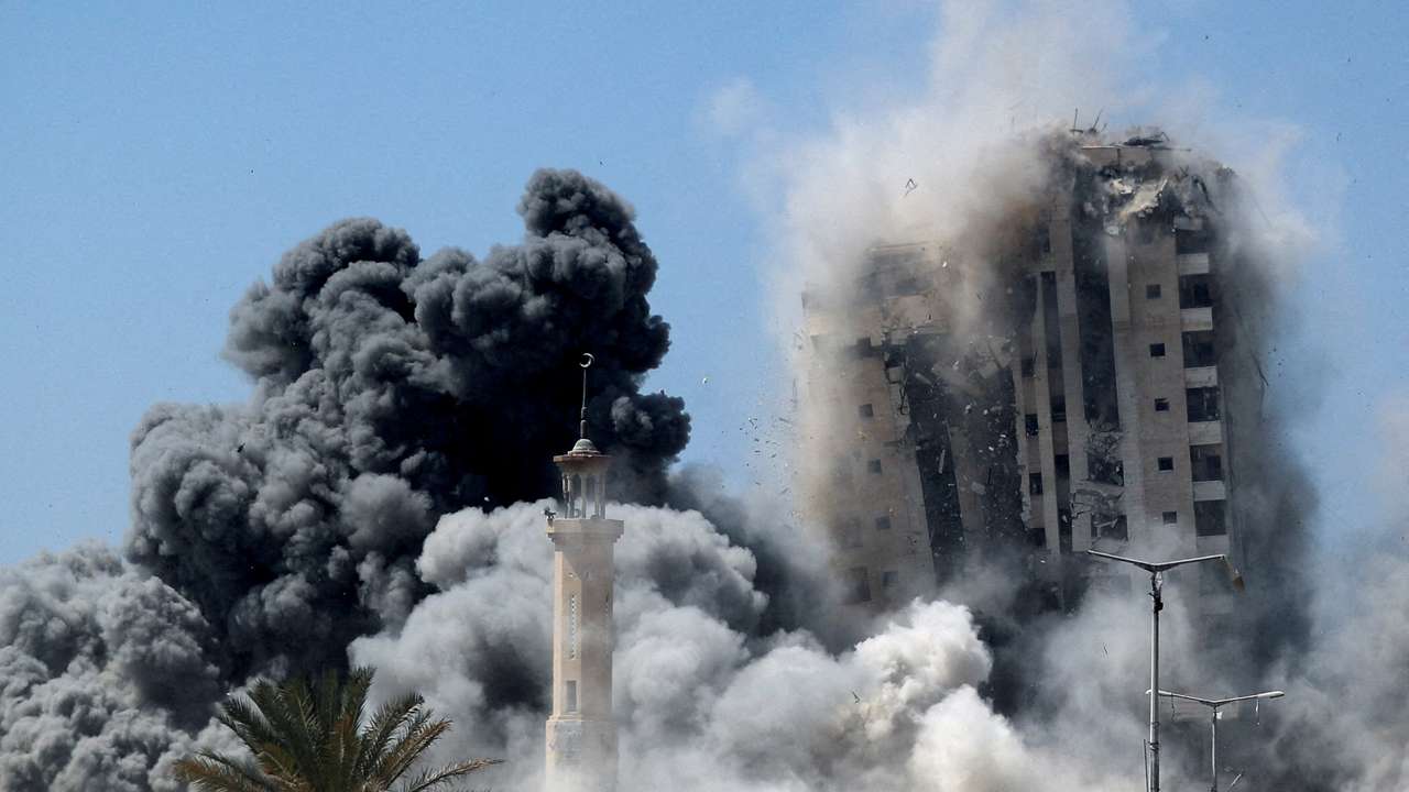 FILE PHOTO: Israeli strike hits the 15-storey Mushtaha Tower in Gaza City