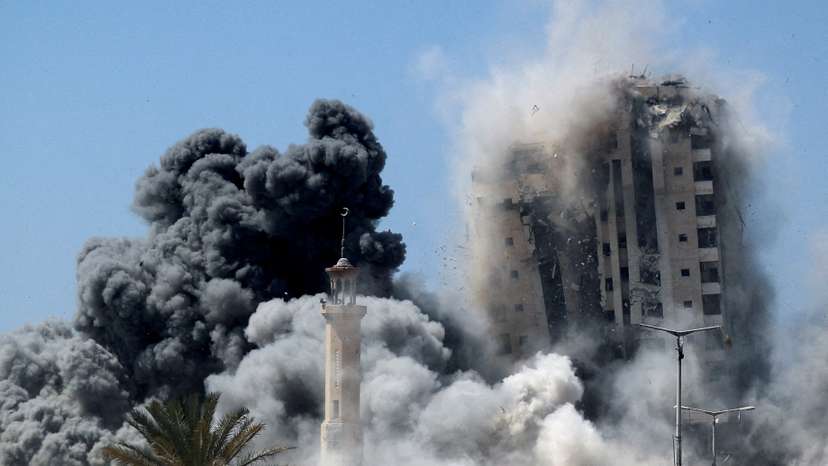 FILE PHOTO: Israeli strike hits the 15-storey Mushtaha Tower in Gaza City