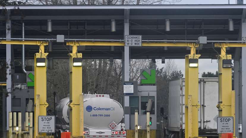 Commercial trucks head from Canada towards the U.S. Customs and Border Protection (CBP) Pacific Highway Port of Entry