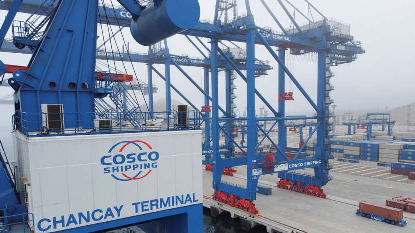 FILE PHOTO: A drone view shows cranes and containers at the new megaport being built by China's state-owned Cosco Shipping, in Chancay