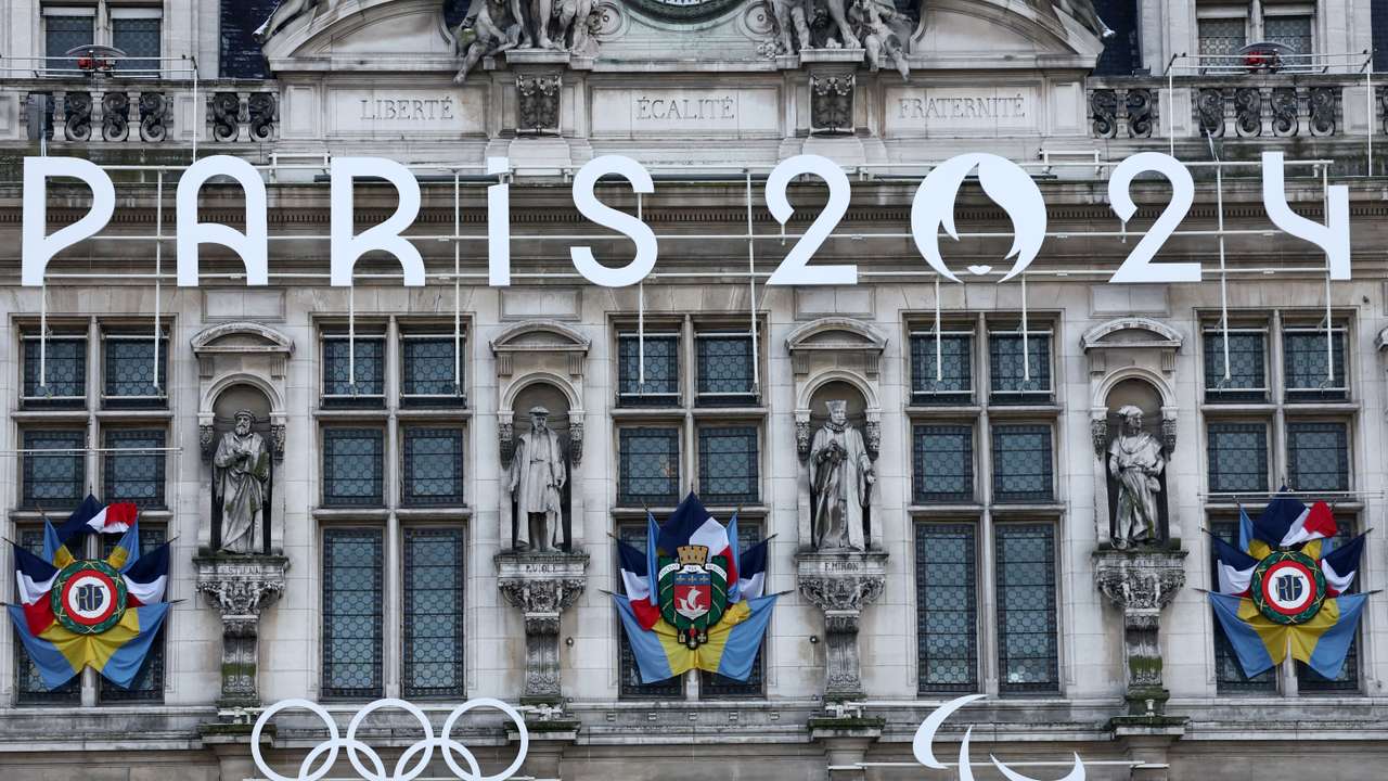FILE PHOTO: The Olympic rings and the logo of Paris 2024 Olympic Games
