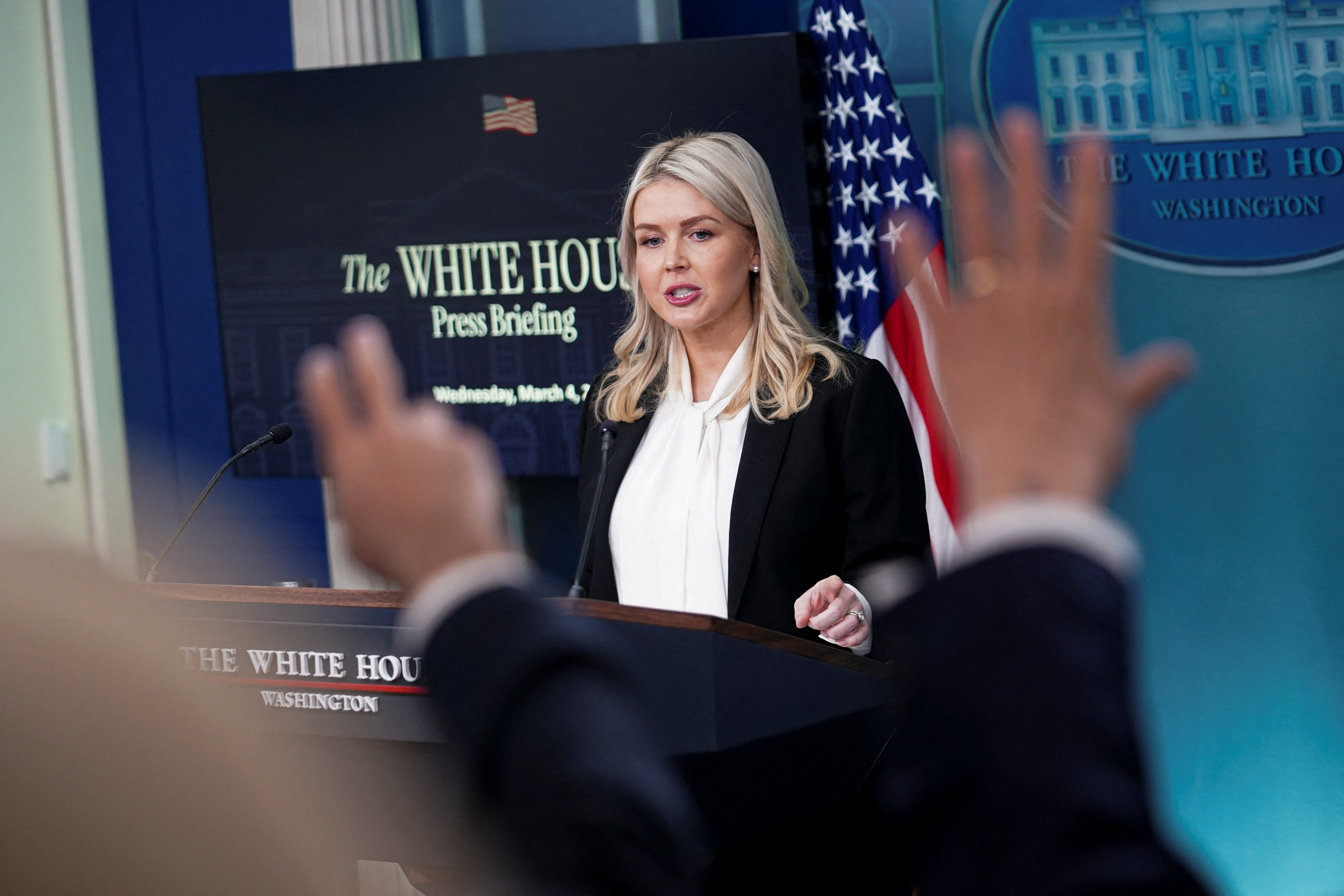 White House Press Secretary Karoline Leavitt holds a press briefing at the White House in Washington