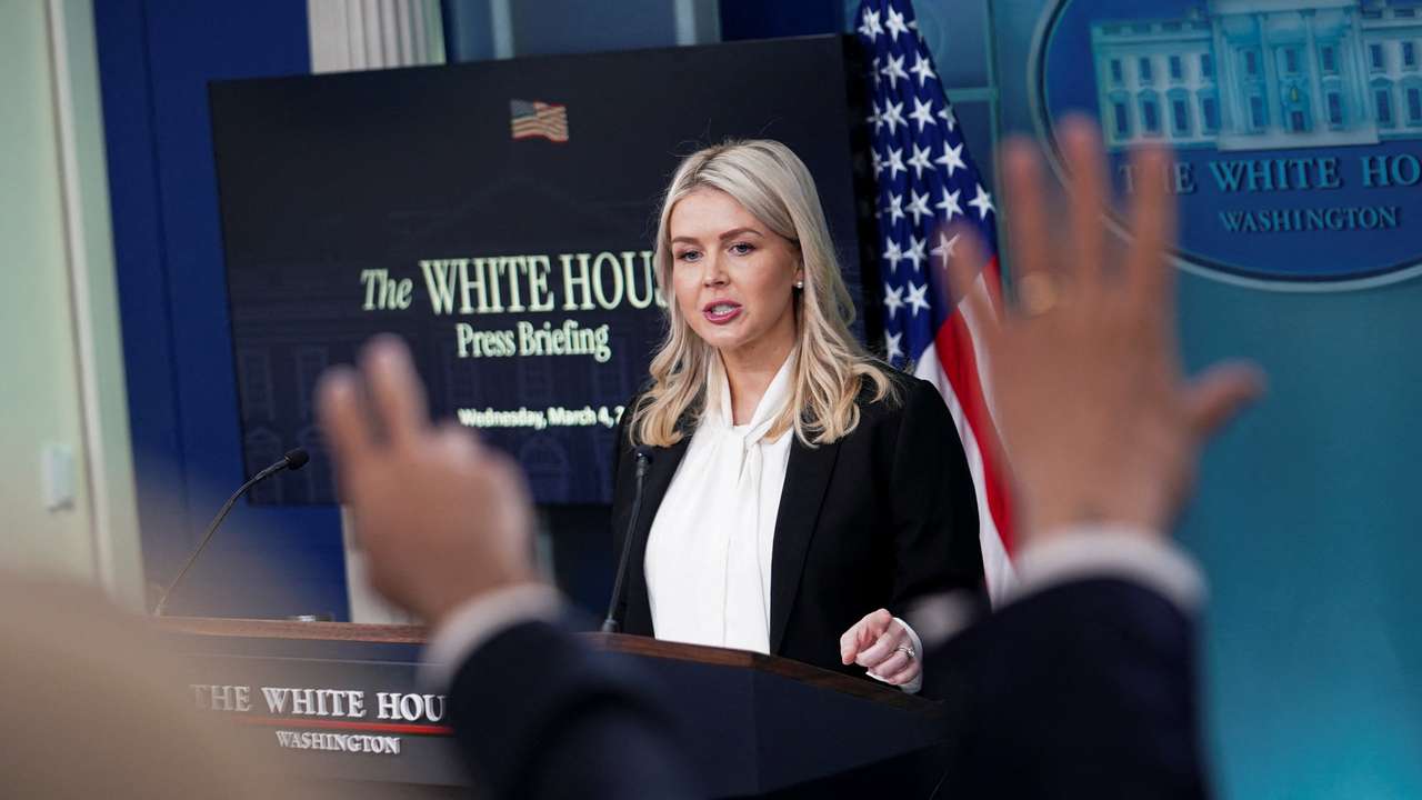 White House Press Secretary Karoline Leavitt holds a press briefing at the White House in Washington