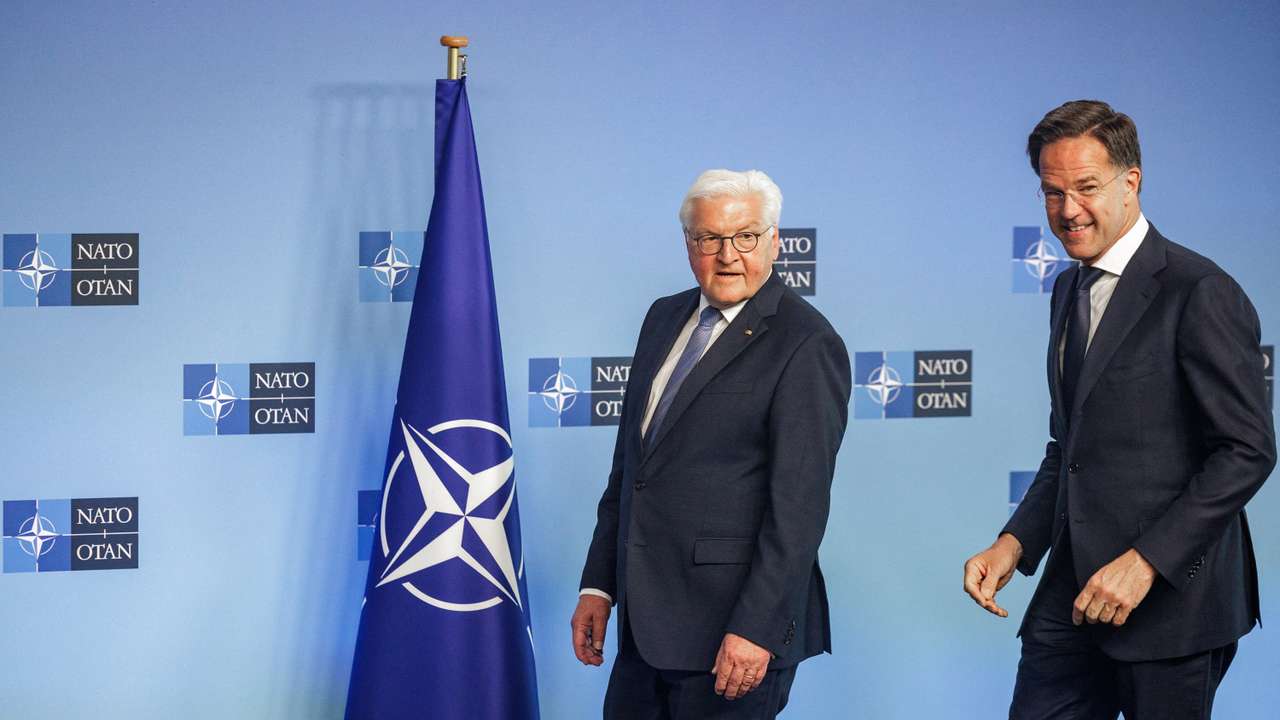 German President Frank-Walter Steinmeier attends a ceremony to mark the 70th anniversary of Germany joining NATO