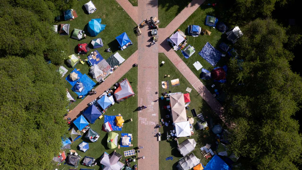 A drone view shows demonstrators at a protest encampment in support of Palestinians, at the University of Washington in Seattle