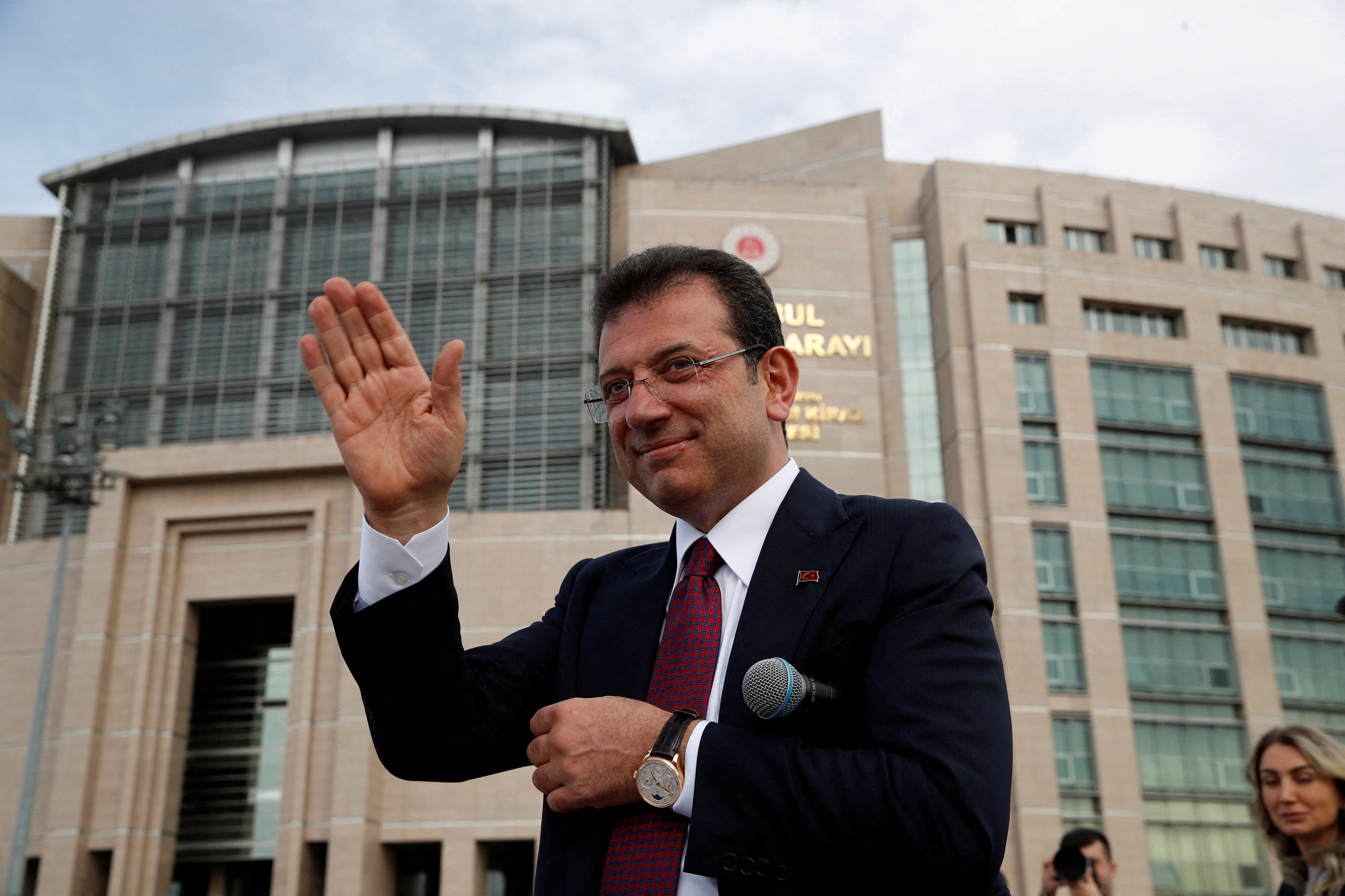 Istanbul Mayor Imamoglu addresses his supporters in front of the Caglayan Courthouse