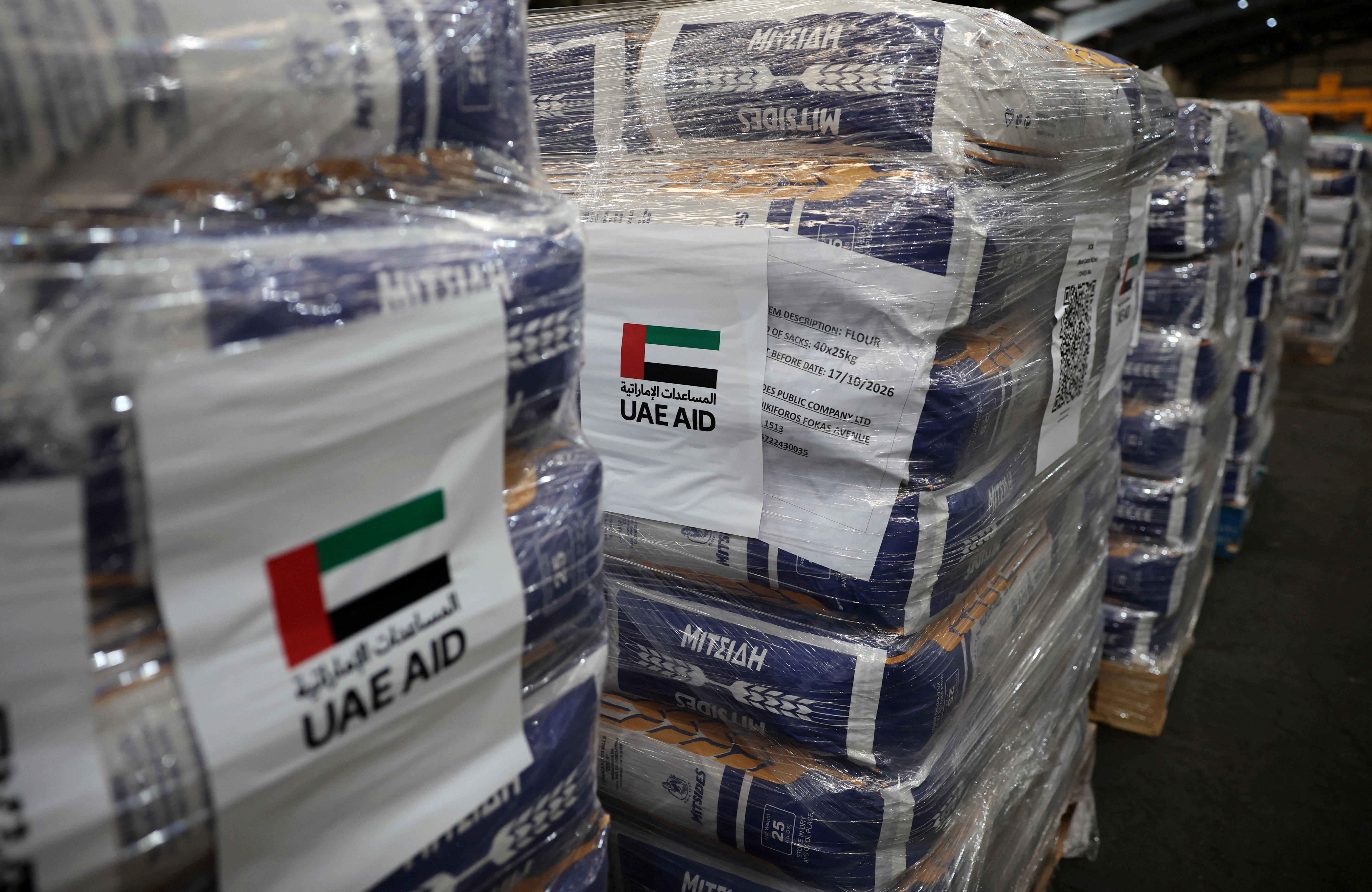 Aid donated by the UAE for the people of Gaza is stored in a warehouse at the port of Limassol