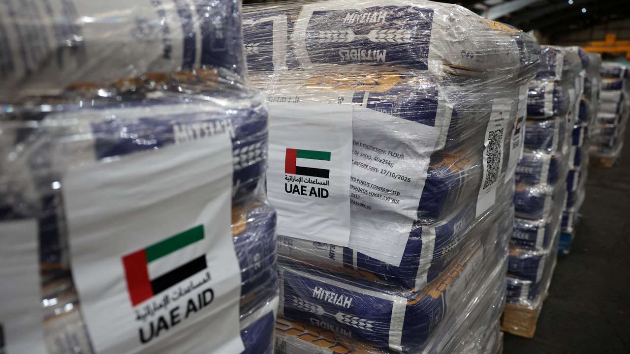 Aid donated by the UAE for the people of Gaza is stored in a warehouse at the port of Limassol