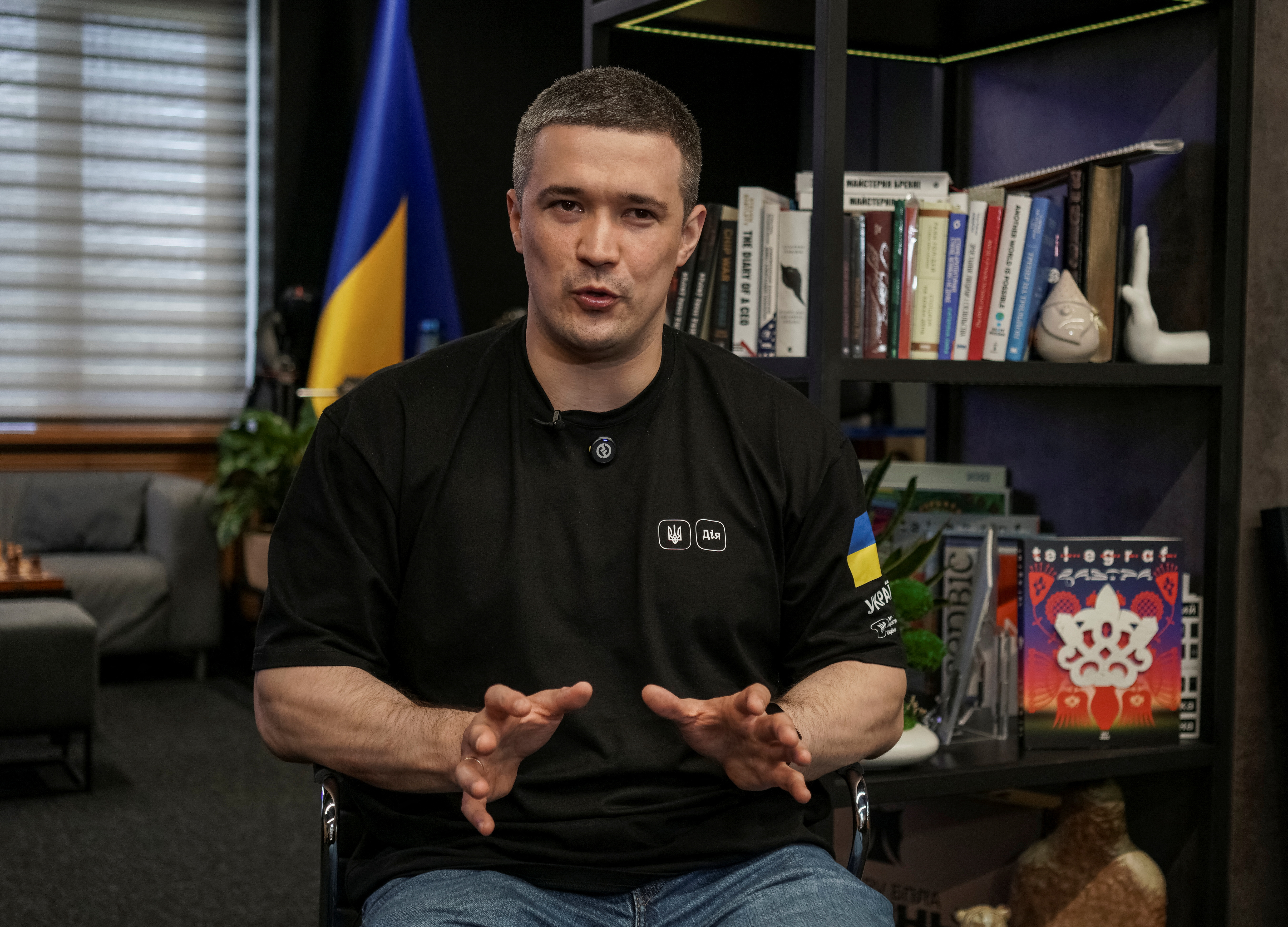 Mykhailo Fedorov, First Deputy Prime Minister and Minister of Digital Transformation of Ukraine, speaks during an interview with Reuters