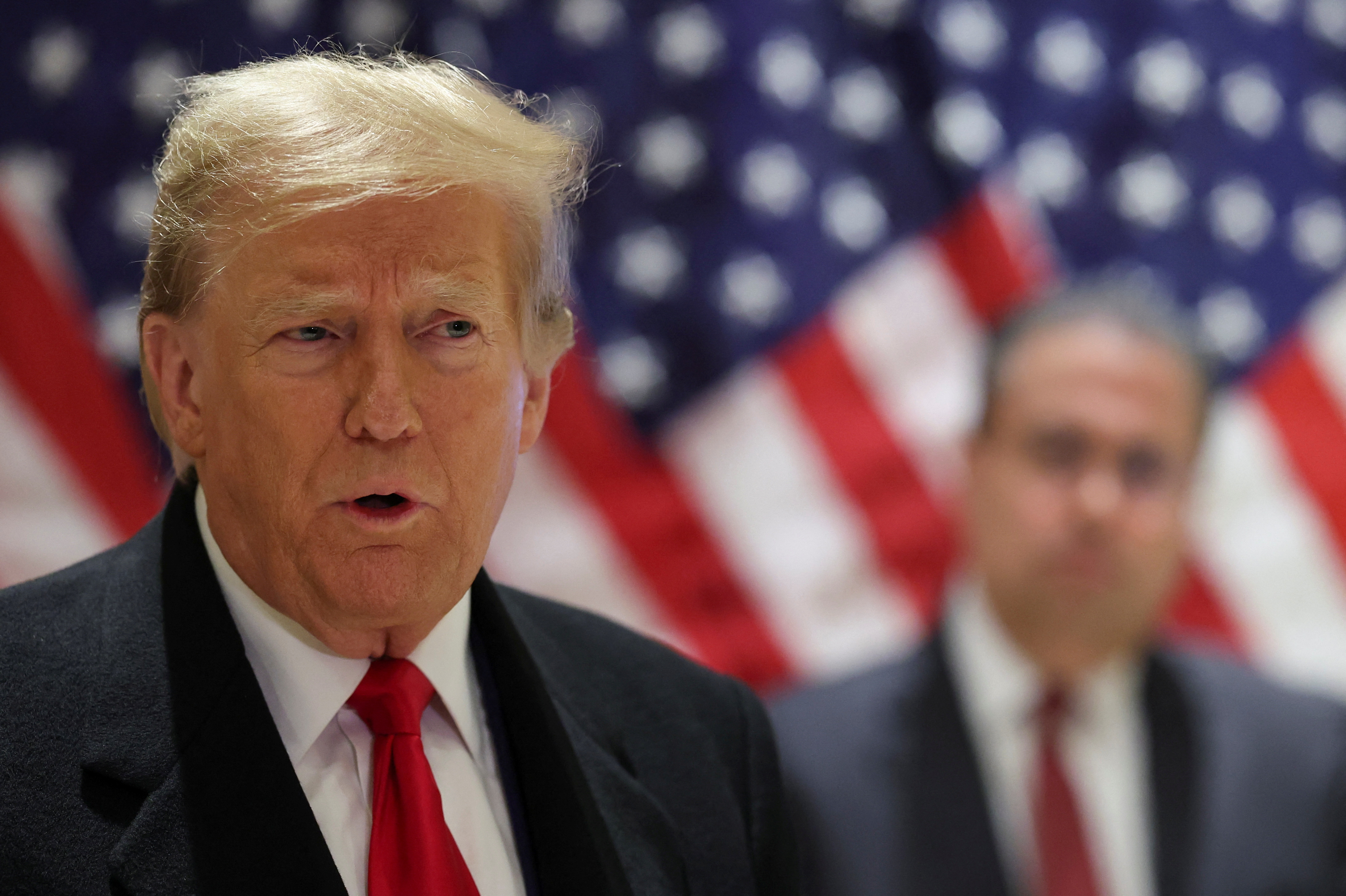 Former U.S. President Trump holds presser after criminal case hearing on porn star hush money charges in New York
