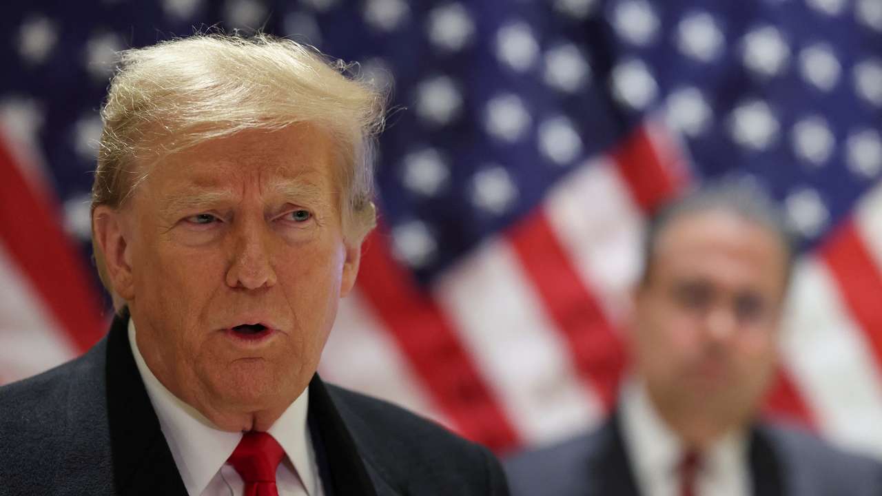 Former U.S. President Trump holds presser after criminal case hearing on porn star hush money charges in New York