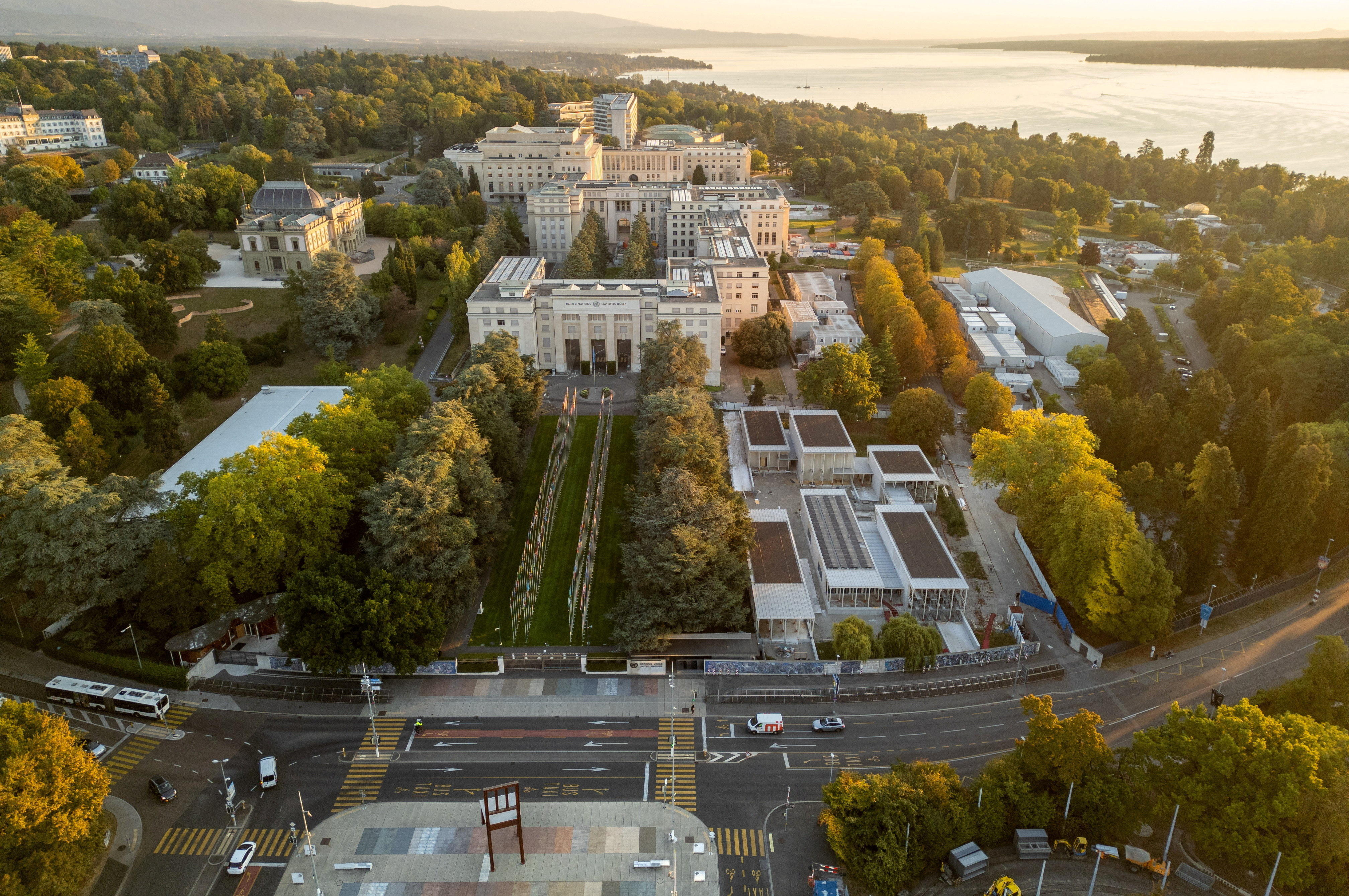 FILE PHOTO: A drone view shows the United Nations European headquarters in Geneva