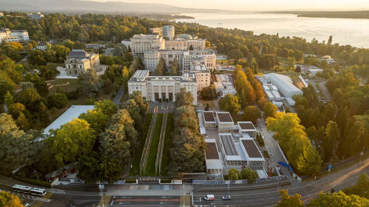 FILE PHOTO: A drone view shows the United Nations European headquarters in Geneva