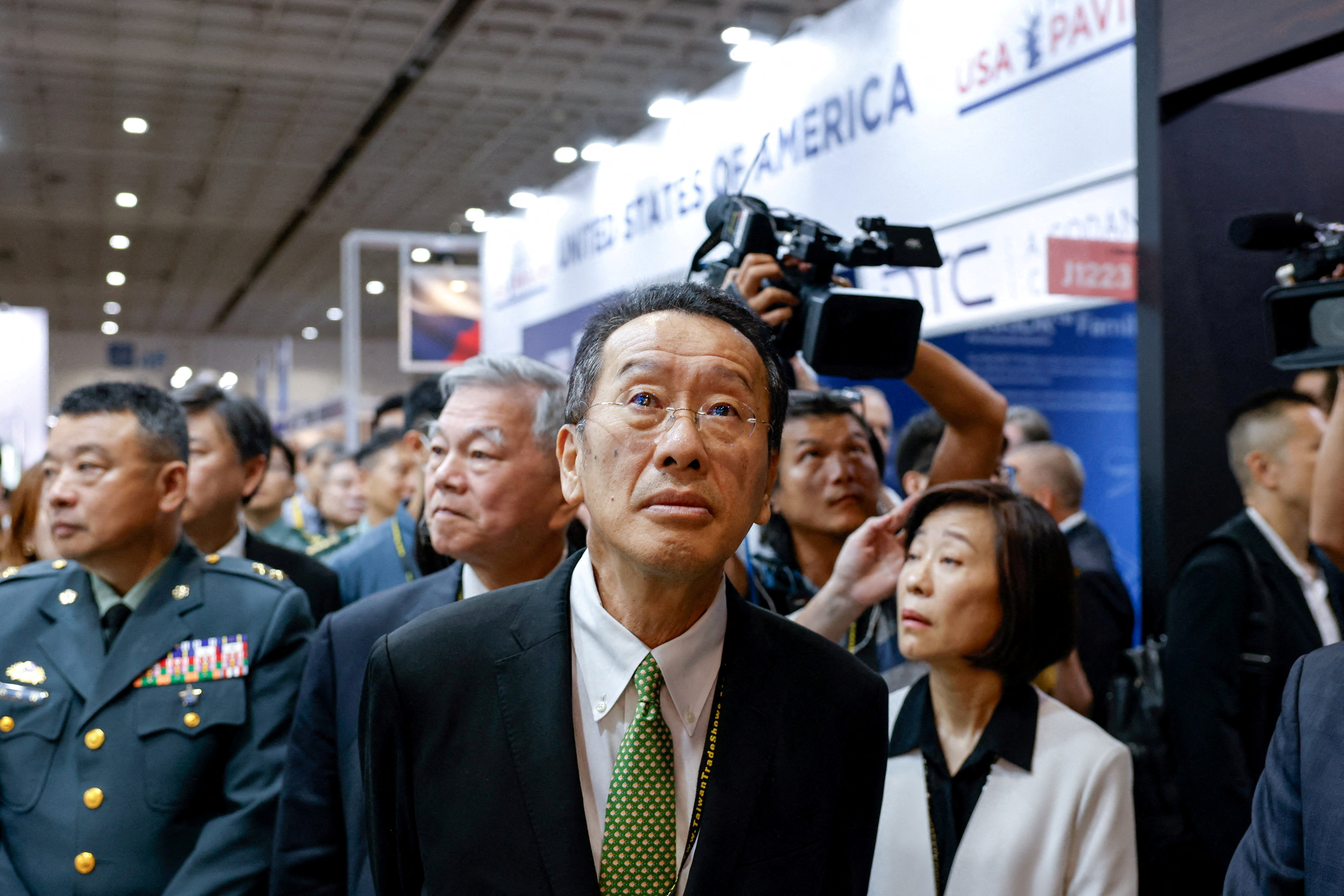 Taiwan’s Defence Minister Wellington Koo visits the United States pavilion during the Taipei Aerospace and Defence Technology Exhibition