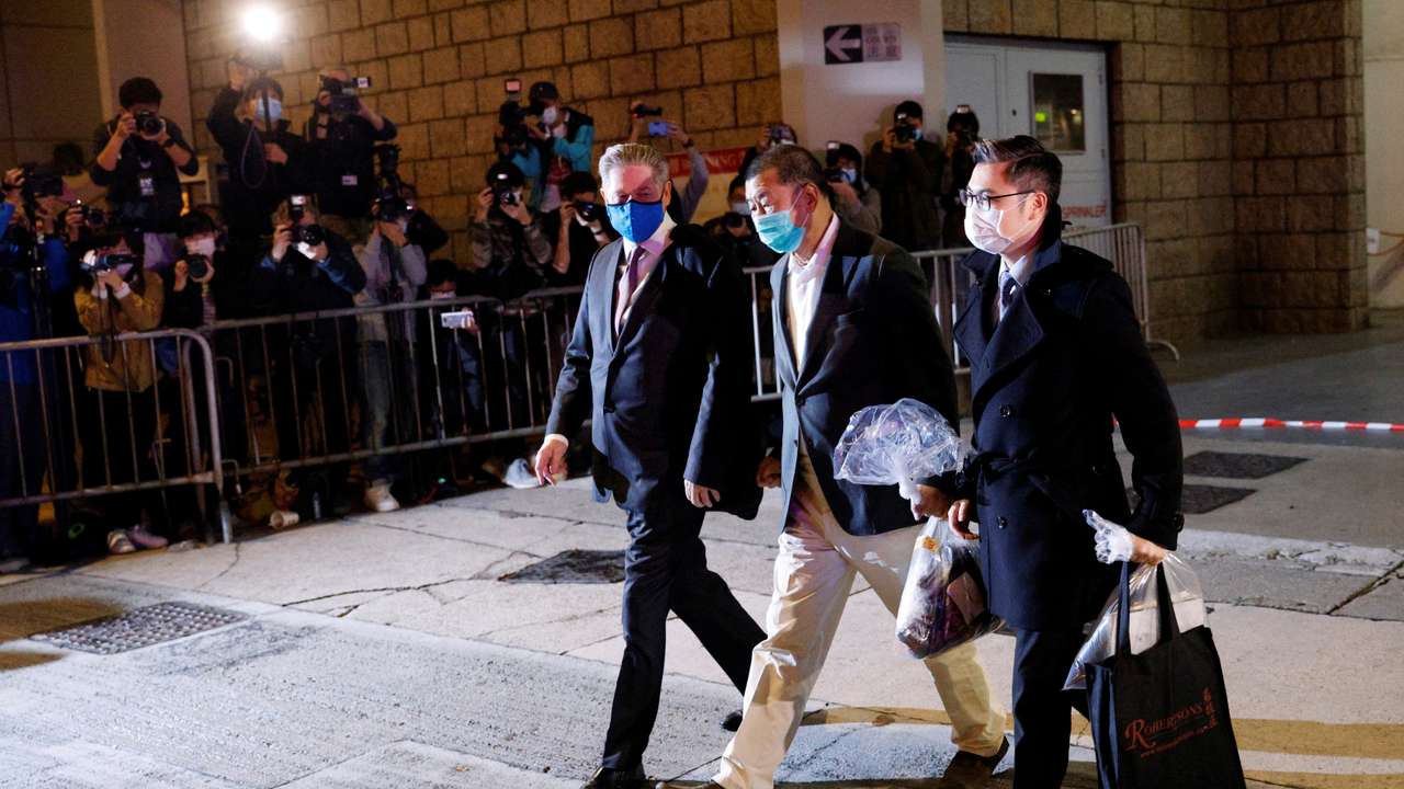 Media mogul Jimmy Lai Chee-ying, founder of Apple Daily, leaves the High Court on bail, in Hong Kong