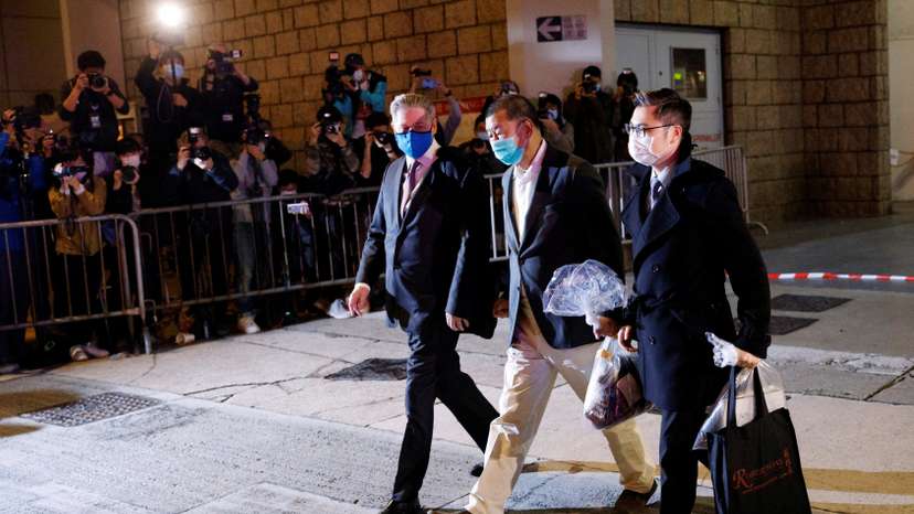 Media mogul Jimmy Lai Chee-ying, founder of Apple Daily, leaves the High Court on bail, in Hong Kong