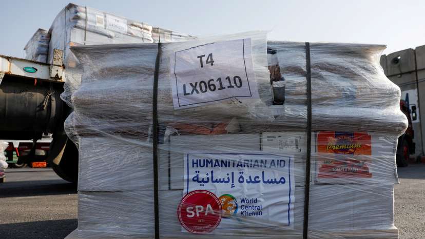 FILE PHOTO: A view shows humanitarian aid with the logo of World Central Kitchen (WCK) at the Kerem Shalom border crossing to Gaza
