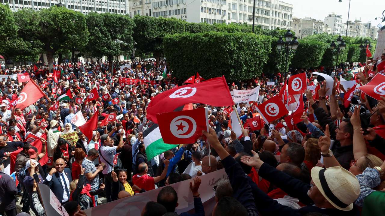 Supporters of Tunisian President Kais Saied carry flags and signs during a demonstration in Tunis