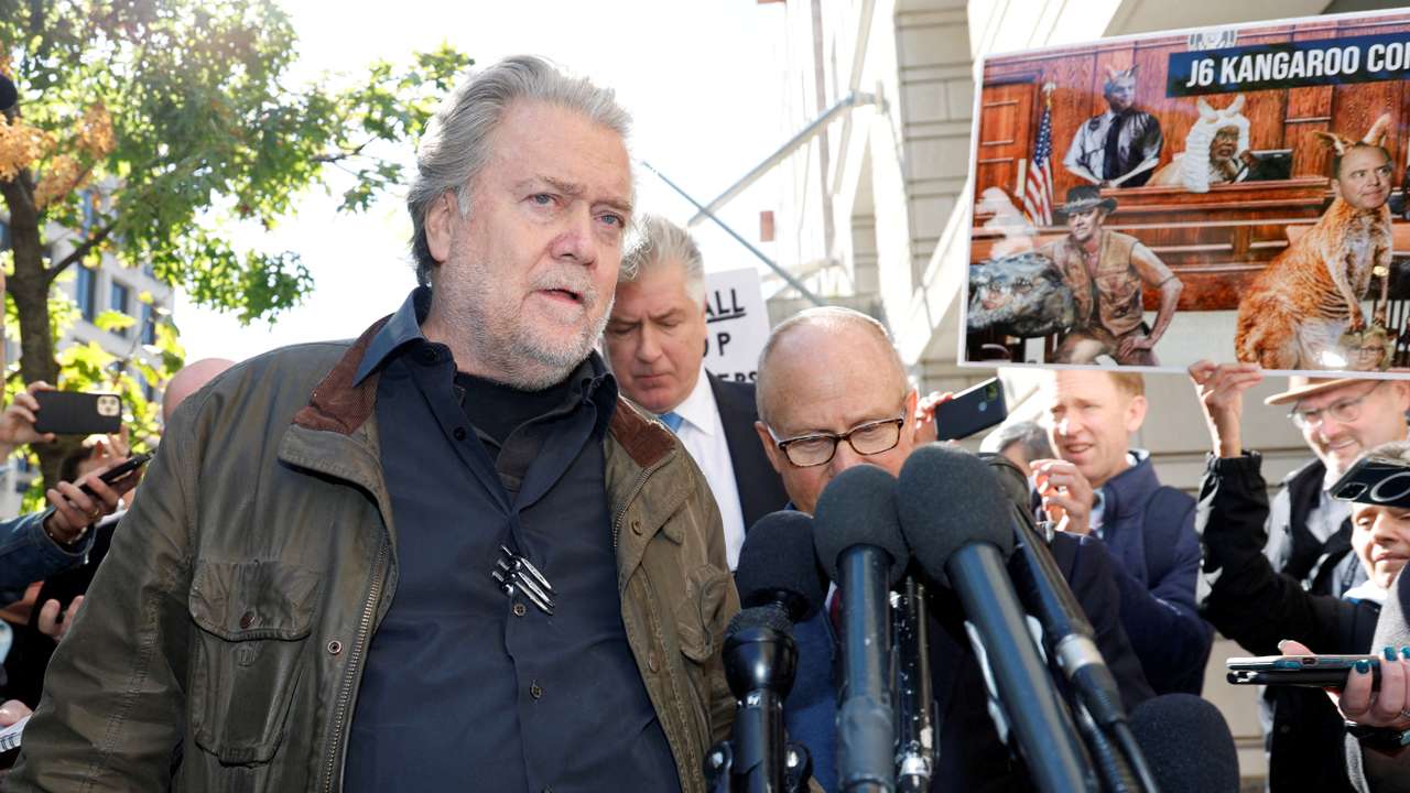 FILE PHOTO: Steve Bannon, former White House chief strategist under former President Trump, departs his sentencing hearing in Washington