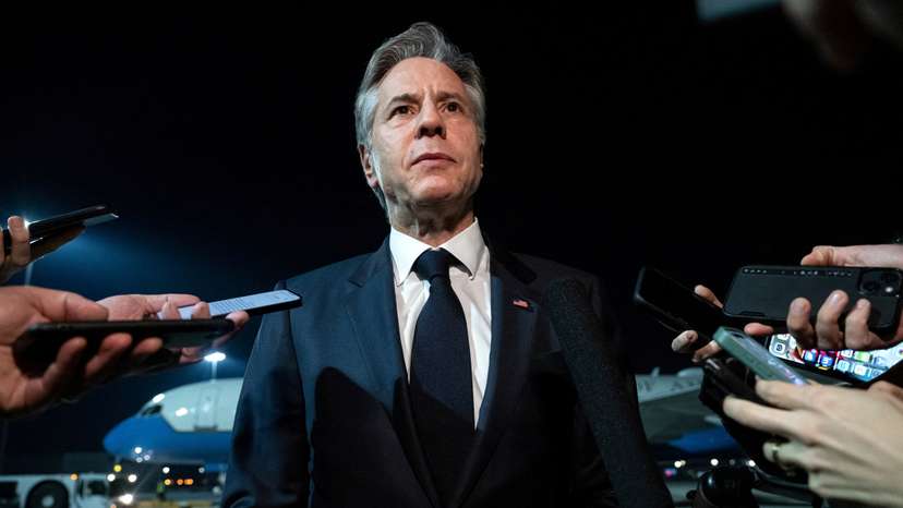 US Secretary of State Antony Blinken speaks to the media prior to departure from Al Maktoum International Airport in Dubai